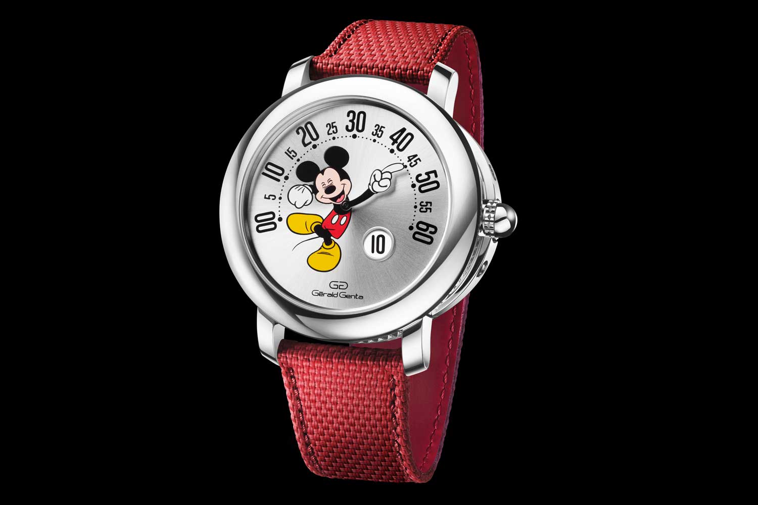 The Gerald Genta Arena Retro Mickey Mouse Disney is offered in a 41mm steel case, featuring Mickey on a rhodium-plated sunburst dial joyously kicking up his heels and pointing out the minutes with his retrograde hand