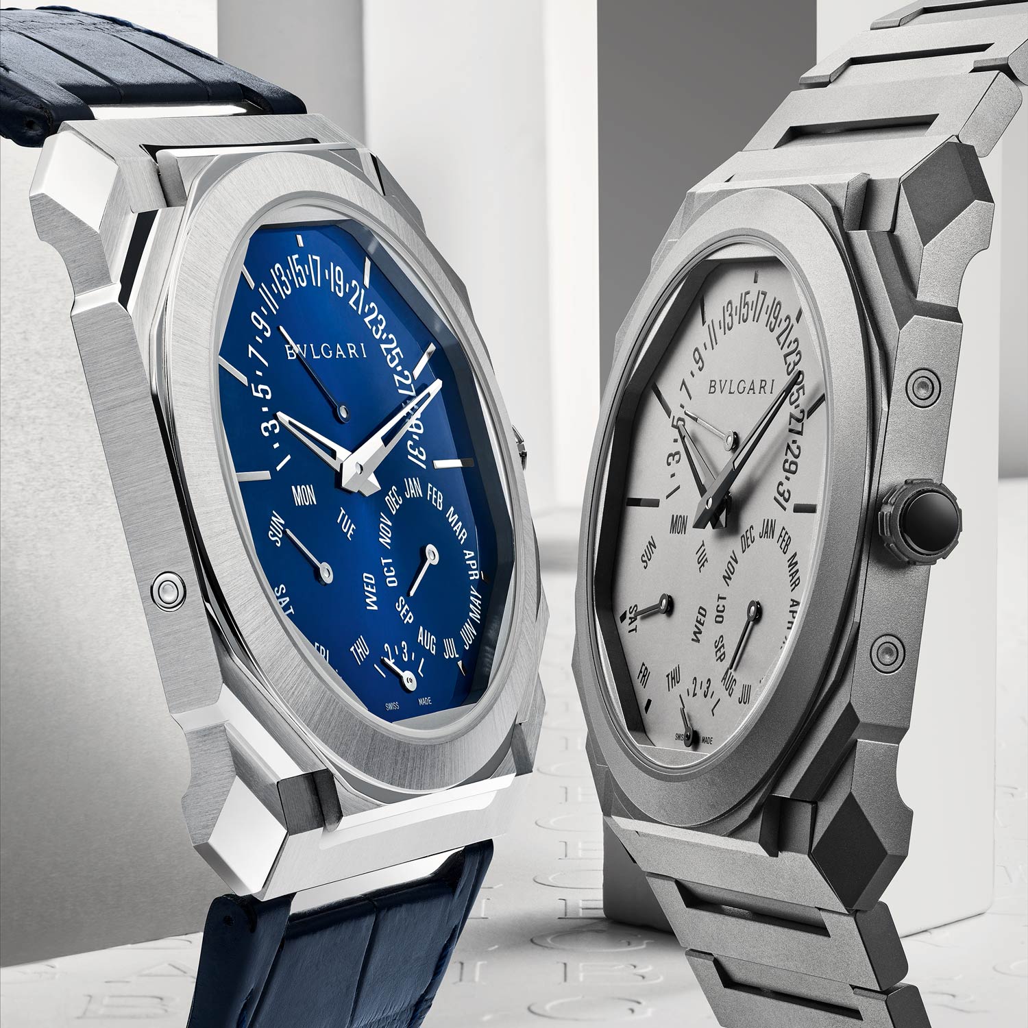 The new 2021 Octo Finissimo Perpetual Calendar is offered in two versions: sandblasted titanium, which is a signature look for the brand, and a platinum version with a blue lacquered dial on a blue alligator strap