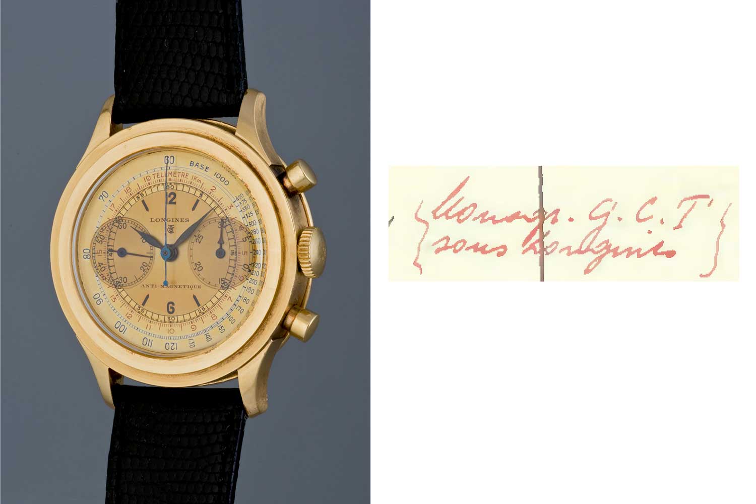 With the help of the Longines archives, the mysterious logo on the dial of the gold ref. 4270 was deduced to contain the abbreviation “G.C.T”. The same logo below the Longines font can be found in another time-only watch with corresponding records at the LEA. The meaning of the logo, however, remains elusive, but it most likely refers to a retailer.