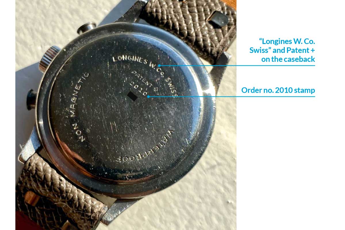 Longines W. Co. Swiss and Patent + on the watch’s caseback.