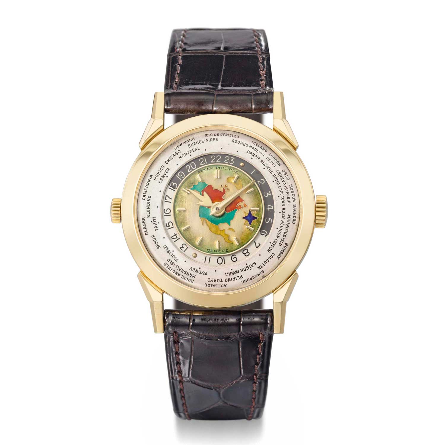 Ref. 2523 with a cloisonné enamel dial depicting the North American continent (image: Christie’s)