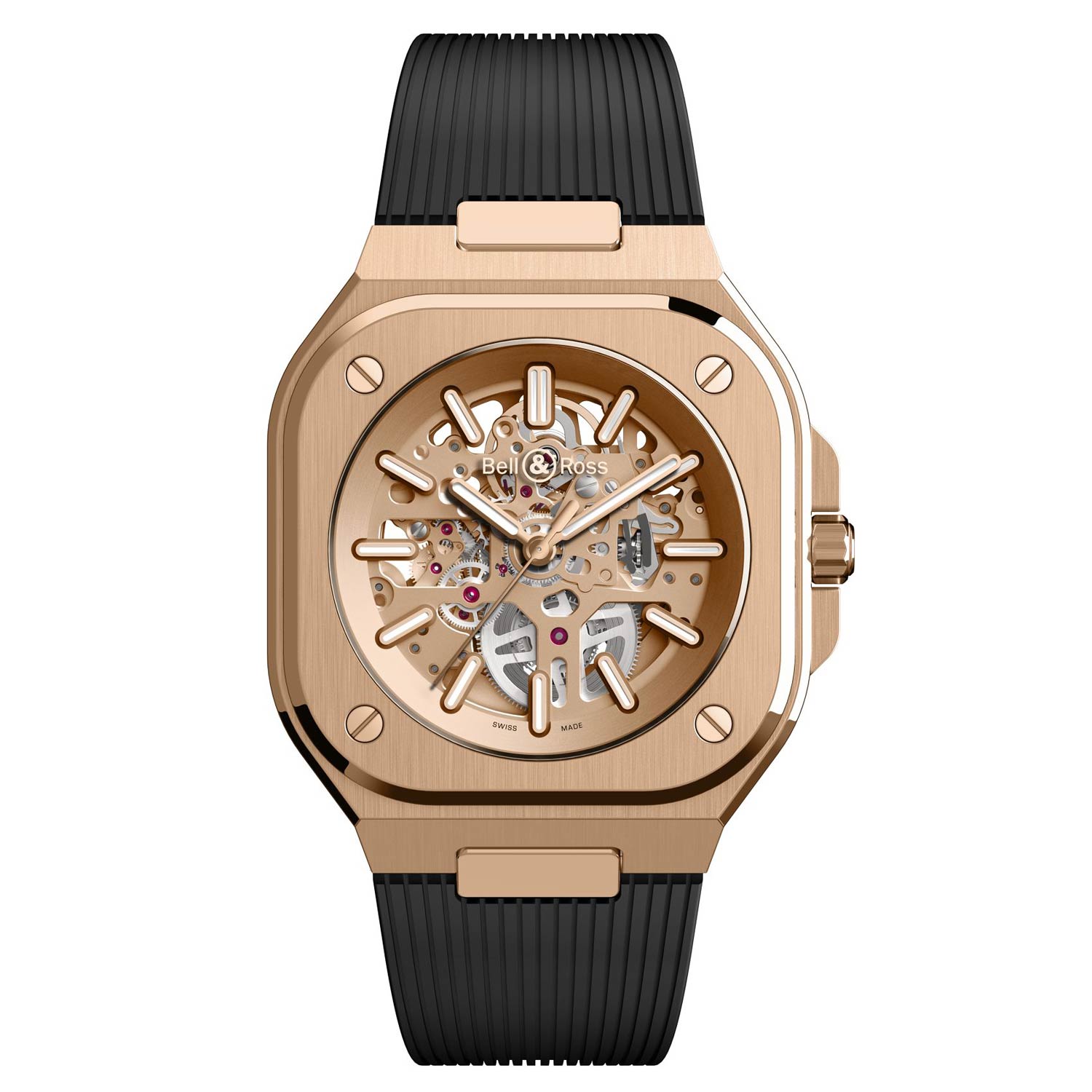 The ‘BR 05 Skeleton Gold’ features an open dial with rose gold gilded appliqué