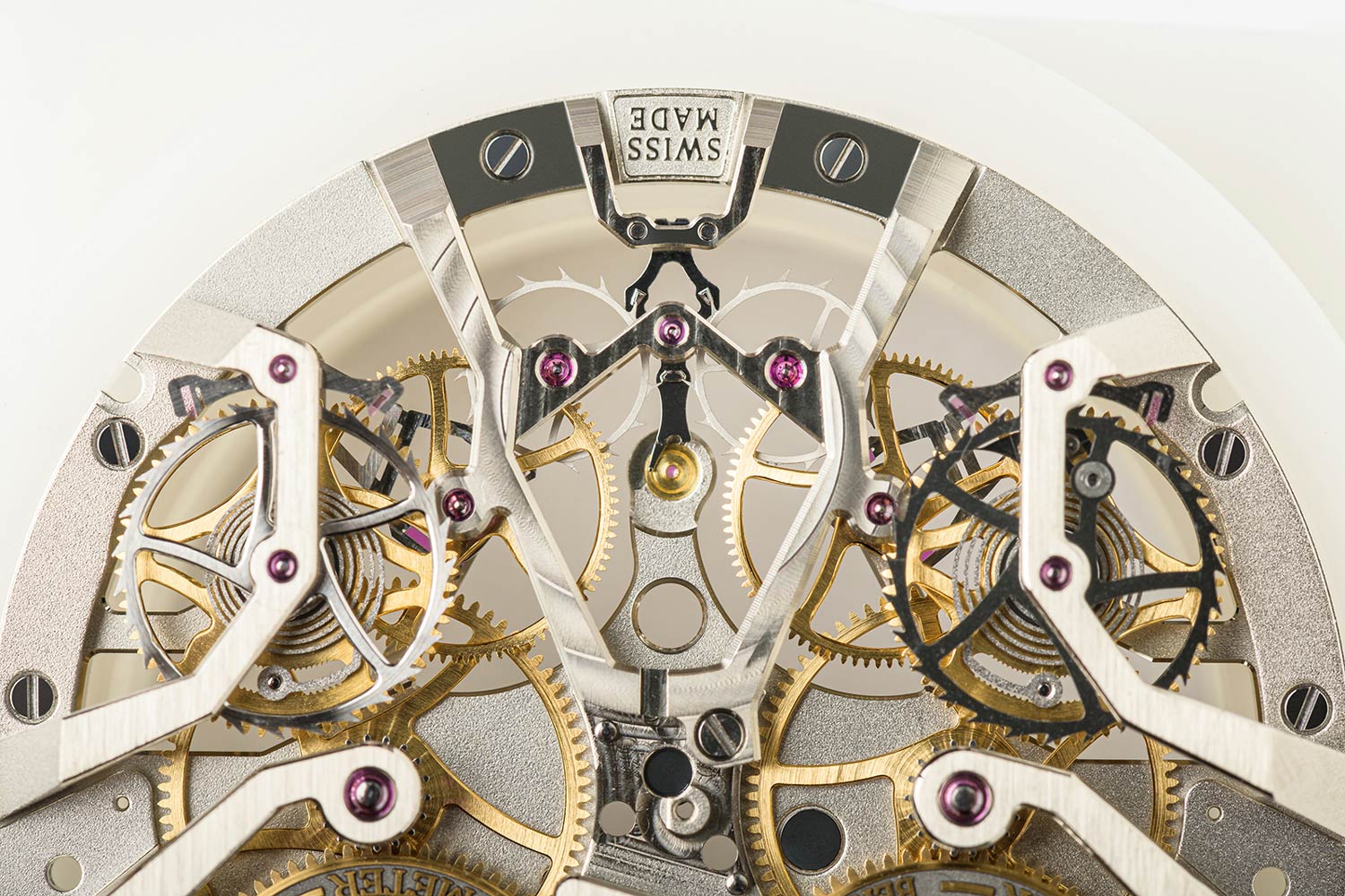 A close up of the independent double-wheel escapement equipped with a pair of remontoirs