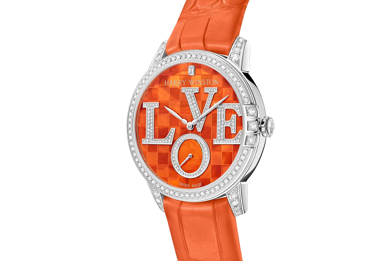 Utilizing Harry Winston’s distinct Midnight watch design, this line of timepieces has been reimagined in 18-karat white gold and mother-of-pearl dials adorned with “L.O.V.E” lettering.