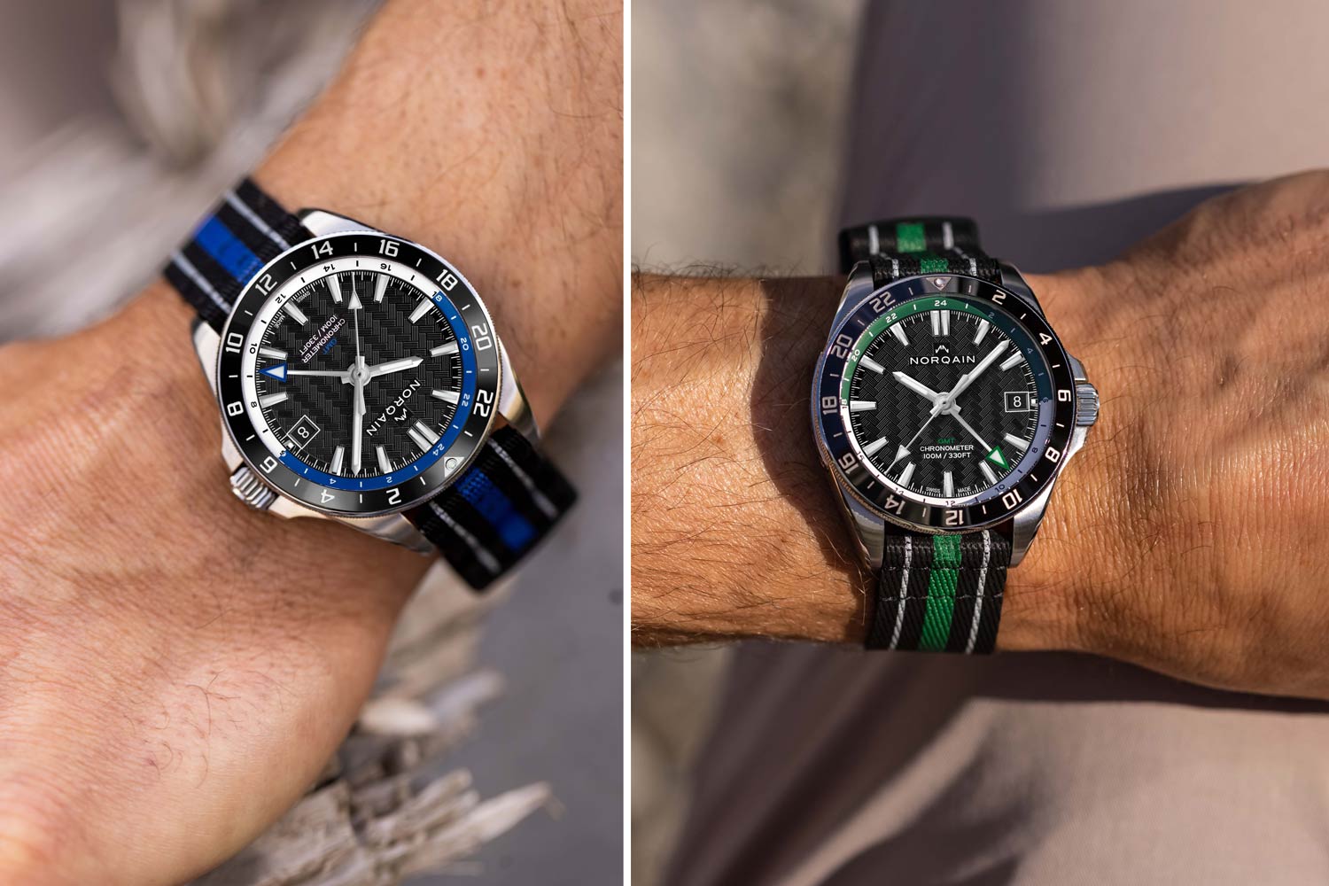 The non-DLC models come in Royal Blue or Forest Green, easily identified by the splash of color appropriate to each watch to represent night time hours on the GMT hour scale.