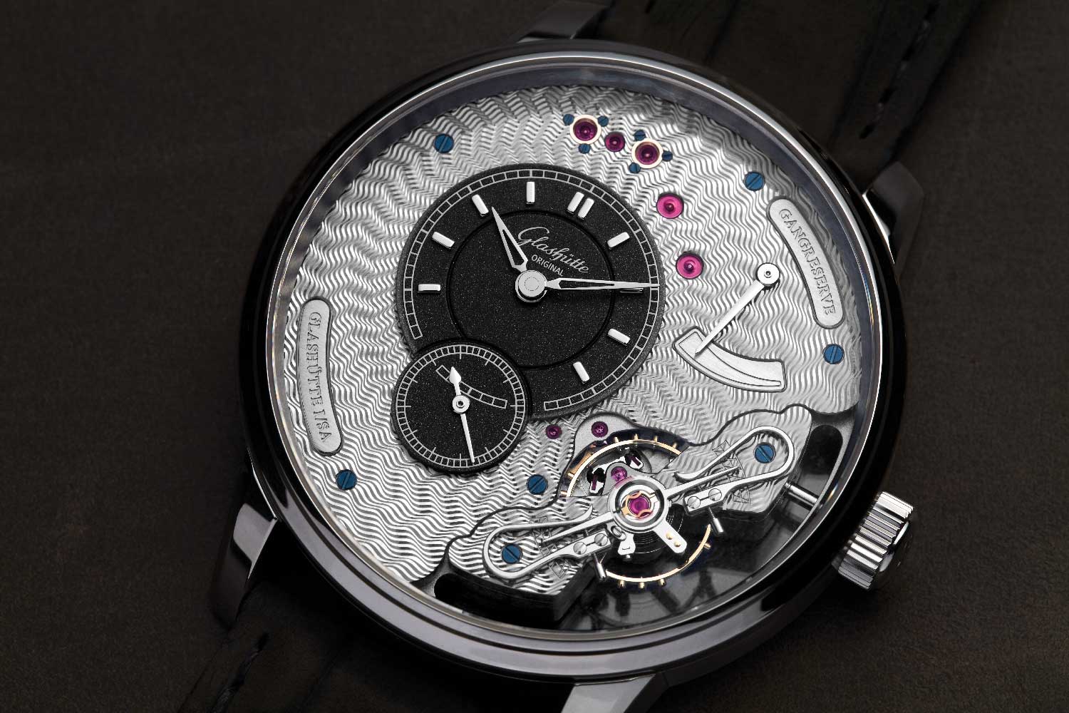 PanoInverse Platinum Limited Edition featuring Glashütte Original’s signature three-quarter plate with guilloché engraving and a partially skeletonized baseplate inspired by the design of the glass dome that sits atop of Dresden Academy of Fine Arts