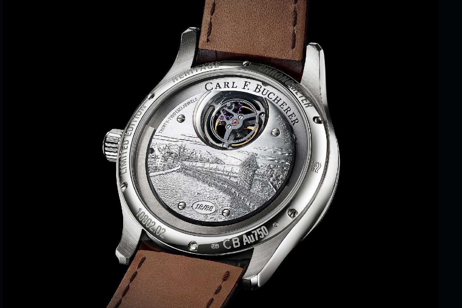 The caseback has an elaborate engraving of a city view of Lucerne, an ode to Carl F. Bucherer’s hometown.