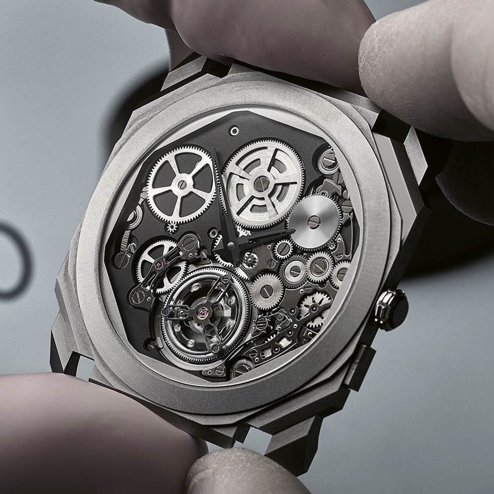 The Octo Finissimo Tourbillon Automatic is a flying tourbillon with no visible bridge, offering one an unobstructed view of the one-minute tourbillon and the oscillator beating inside it