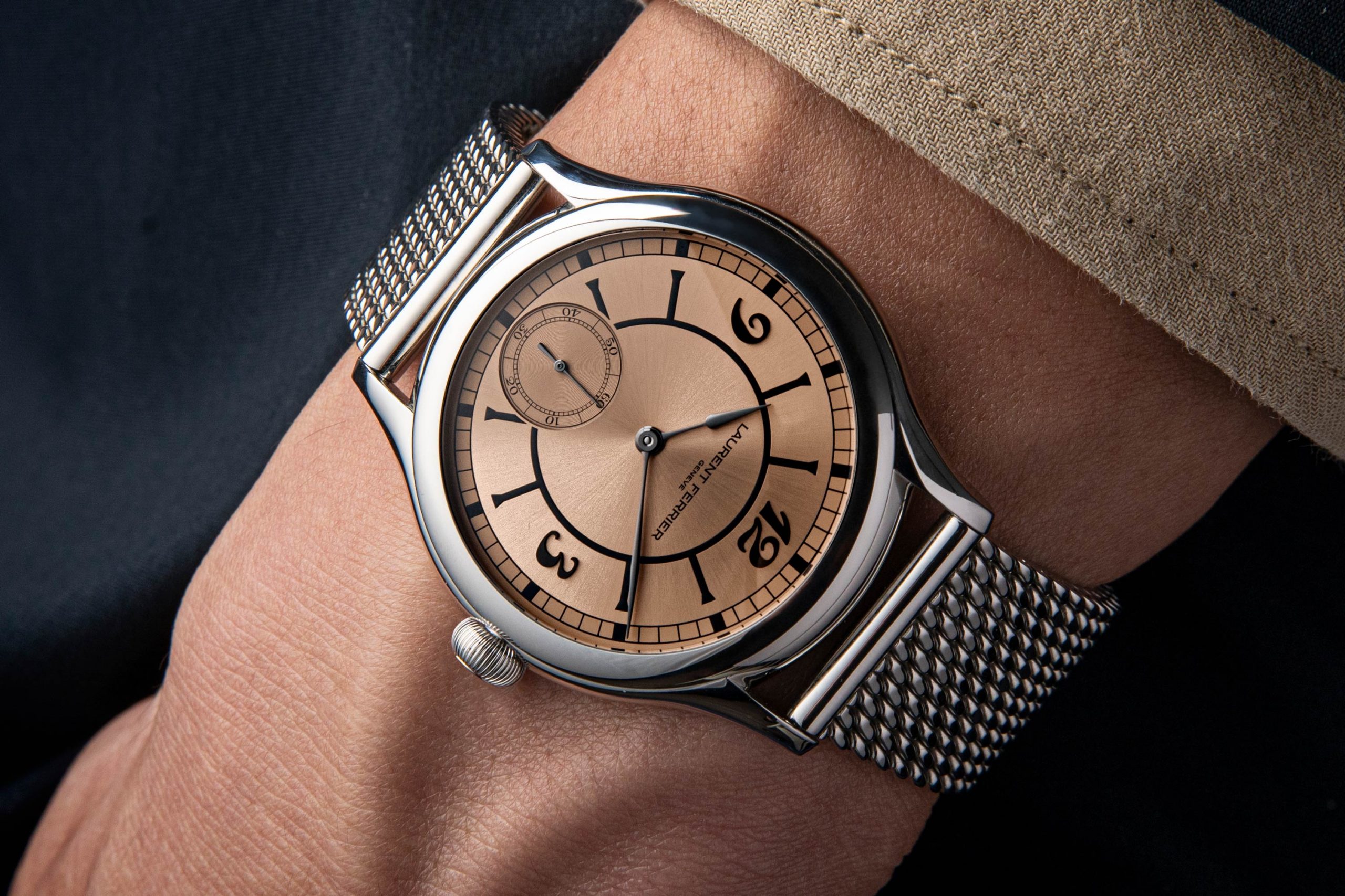 On the wrist: the 2021 Laurent Ferrier Classic Micro-Rotor for Revolution & The Rake on a steel Milanese of rice bracelet