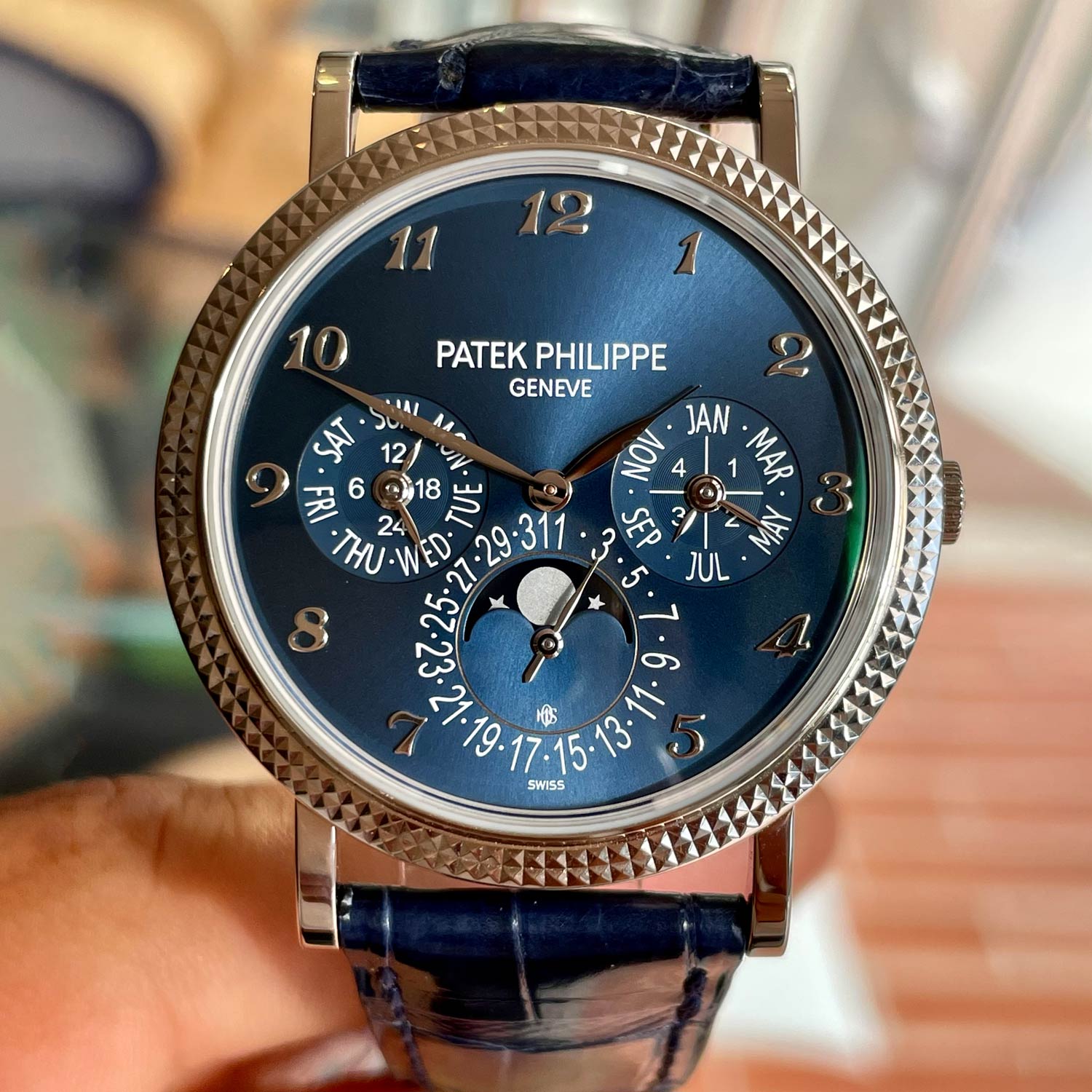Lot 123 Patek Philippe: Extraordinary and Unique Perpetual Calendar Wristwatch in White Gold, Reference 5139g, Moon Phases, Original Certificate. Special Order for Michael Ovitz.