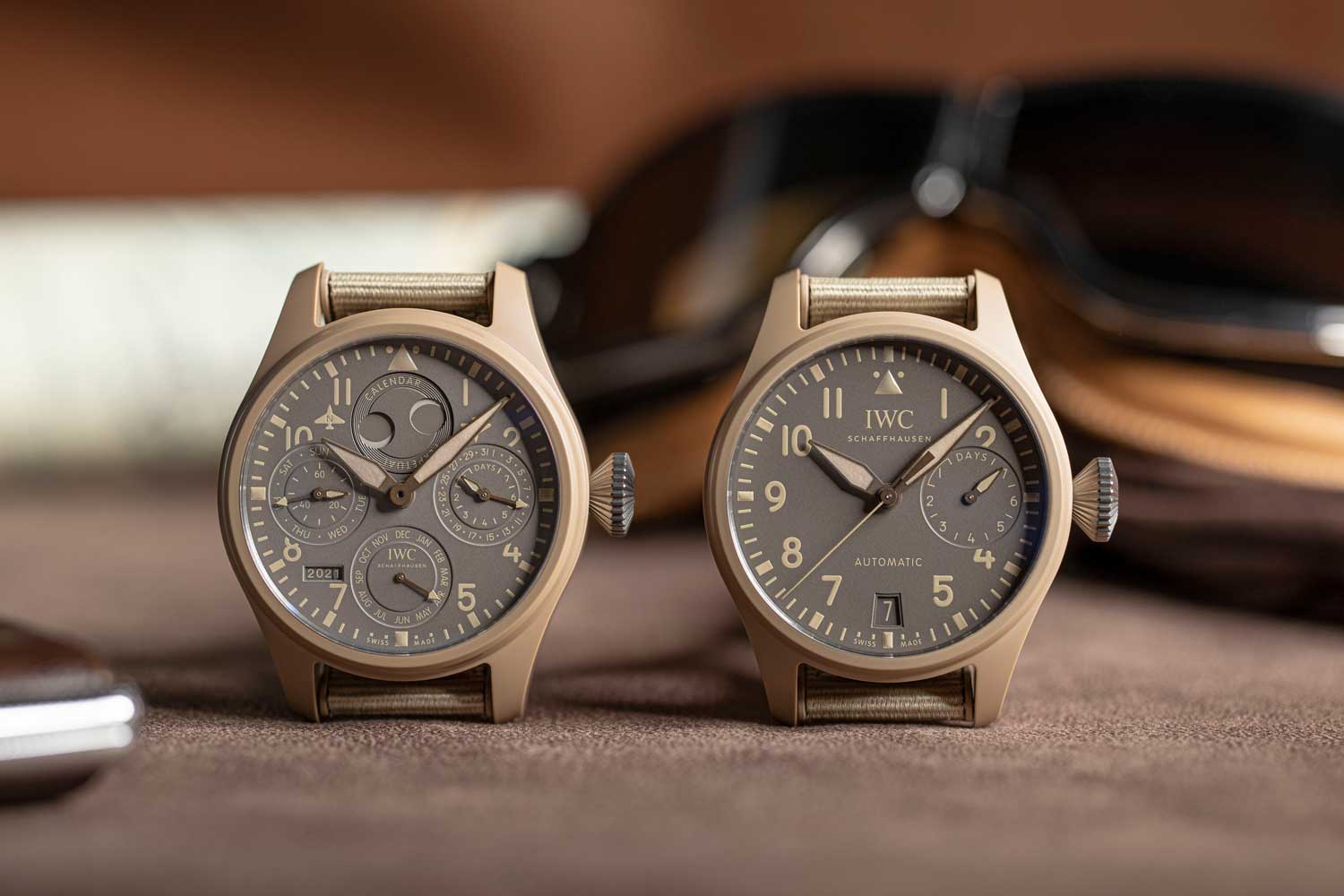 The Big Pilot’s Watch TOP GUN Edition “Mojave Desert” ref. 506003 (right) along with its Perpetual Calendar iteration
