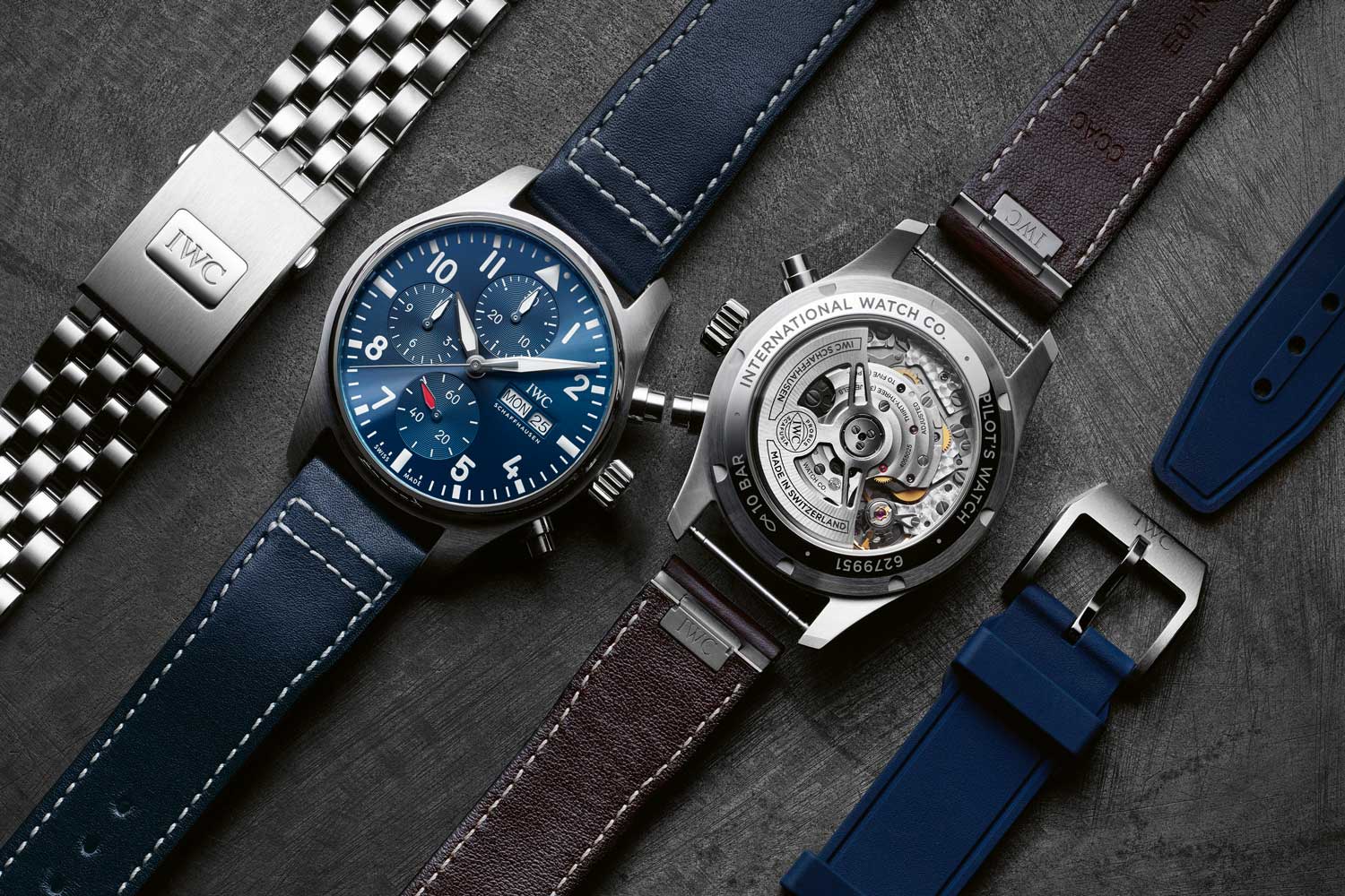 New models of the IWC Pilot’s Watches are equipped with the EasX-CHANGE system, which allows the watch owner to quickly and easily change the strap or bracelet — all it requires is gentle pressure on the button with the IWC logo, and a light tug and push of the strap or bracelet