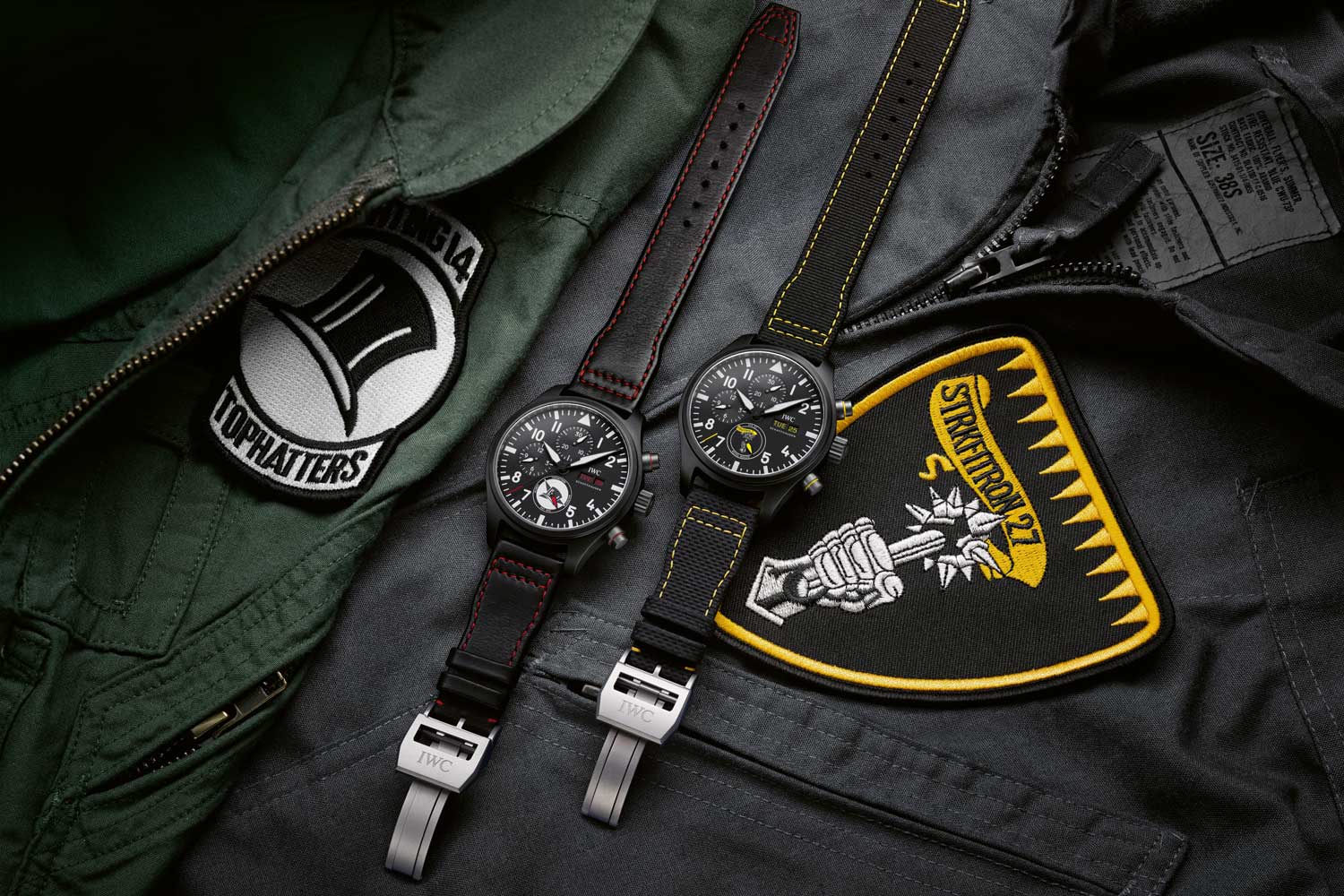 IWC has worked with various squadrons from the Top Gun tactical school to create unique collaboration pieces such as the Pilot’s Watch Chronograph Edition “Tophatters” ref. IW389108 (left) and the Pilot’s Watch Chronograph Edition “Royal Maces” ref. IW389107