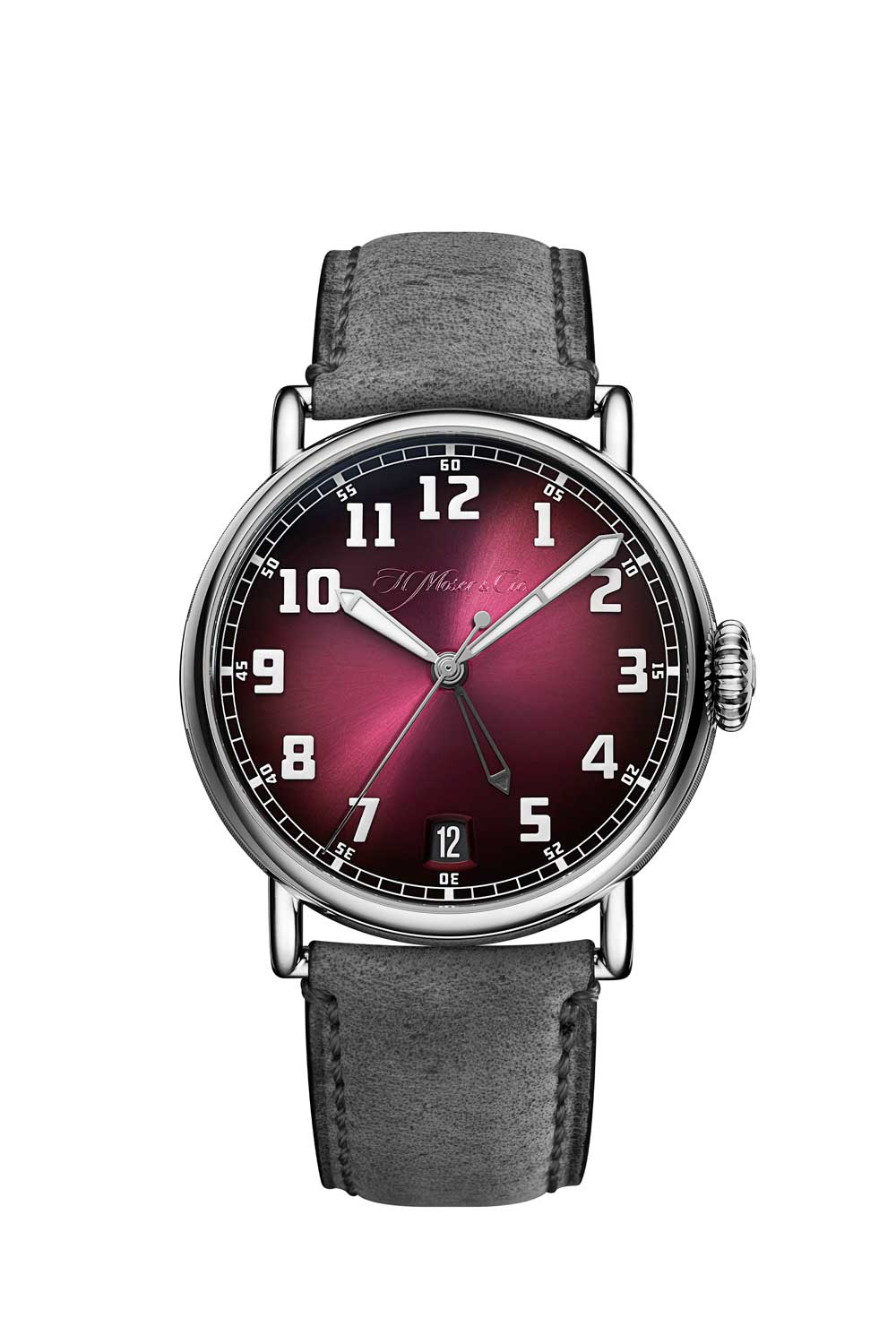 H. Moser & Cie. Dual Time Heritage Model featuring a burgundy fumé dial with sunburst pattern