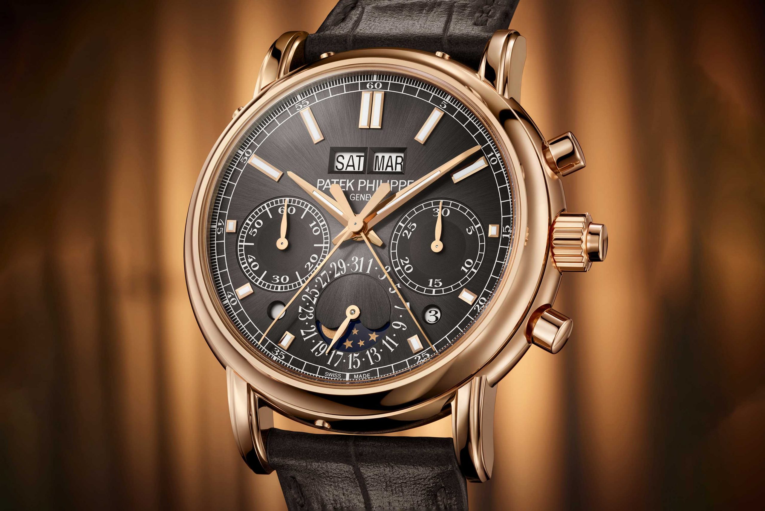 Patek Philippe Reference 5204R-011 Split-Seconds Chronograph and Perpetual Calendar in rose gold with slate gray dial