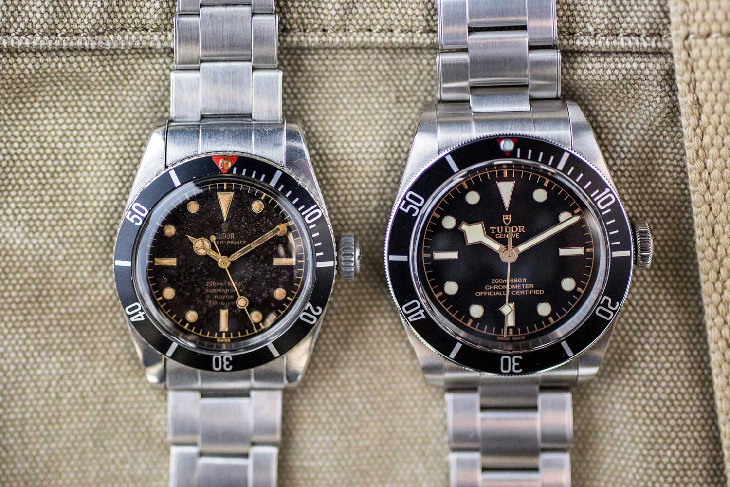 Side by side, the shared identity between the vintage Submariner and the modern Black Bay is clear.