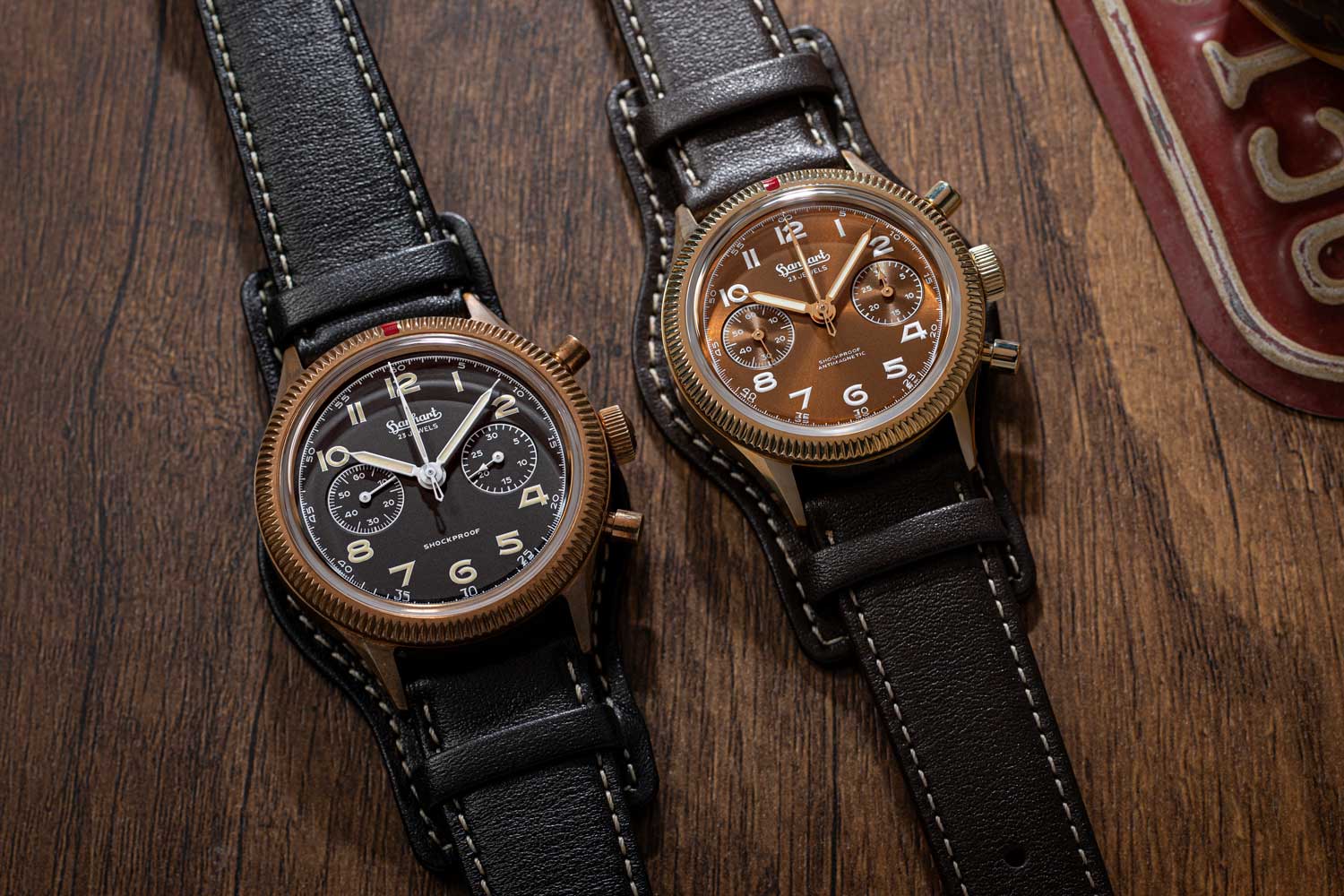 From left: The Hanhart x The Rake & Revolution Limited Edition Bronze 417 Chronograph and this year's brand new Hanhart 417 Chronograph Edition No. 2 "Copperhead" for Revolution & The Rake (Image: Revolution©)