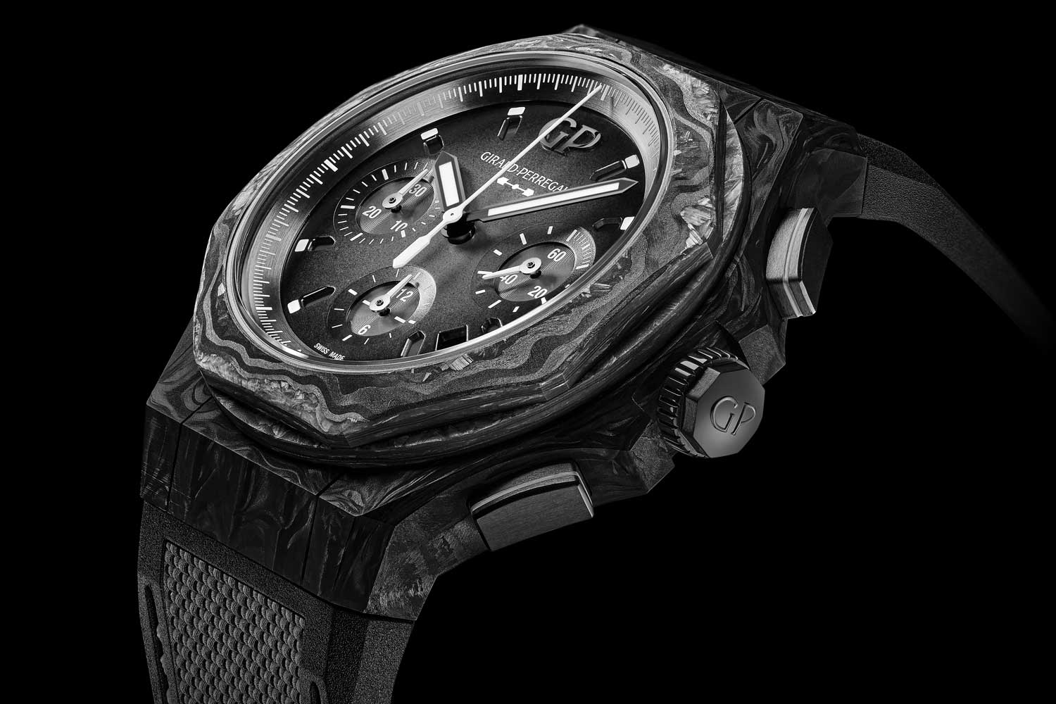 The Laureato Absolute Crystal Rock features a 44mm case in Carbon Glass, which is forged by combining layers of carbon fibre and fibreglass, which is subjected to high temperatures and pressure to form a homogenous material; the material can then be milled case form that has a matte, slightly textured finish; the constituent layers create uneven strata within the material and are randomly aligned, making the appearance of each case unique and every watch exclusive