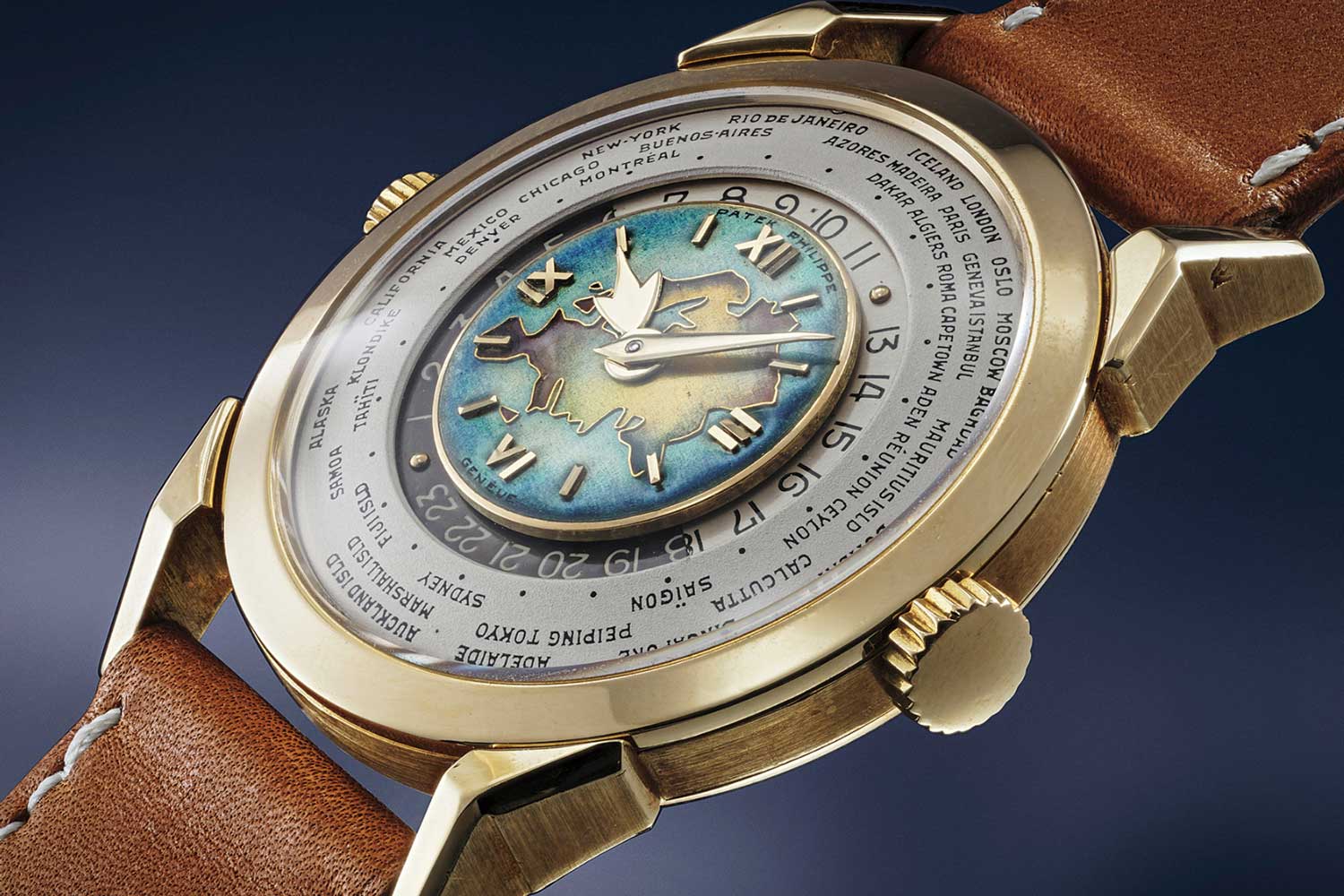 Patek Phillipe, Two-Crown World Time, Ref. 2523 with “Eurasia / Silk Road” cloisonné enamel dial (Image: Phillips)