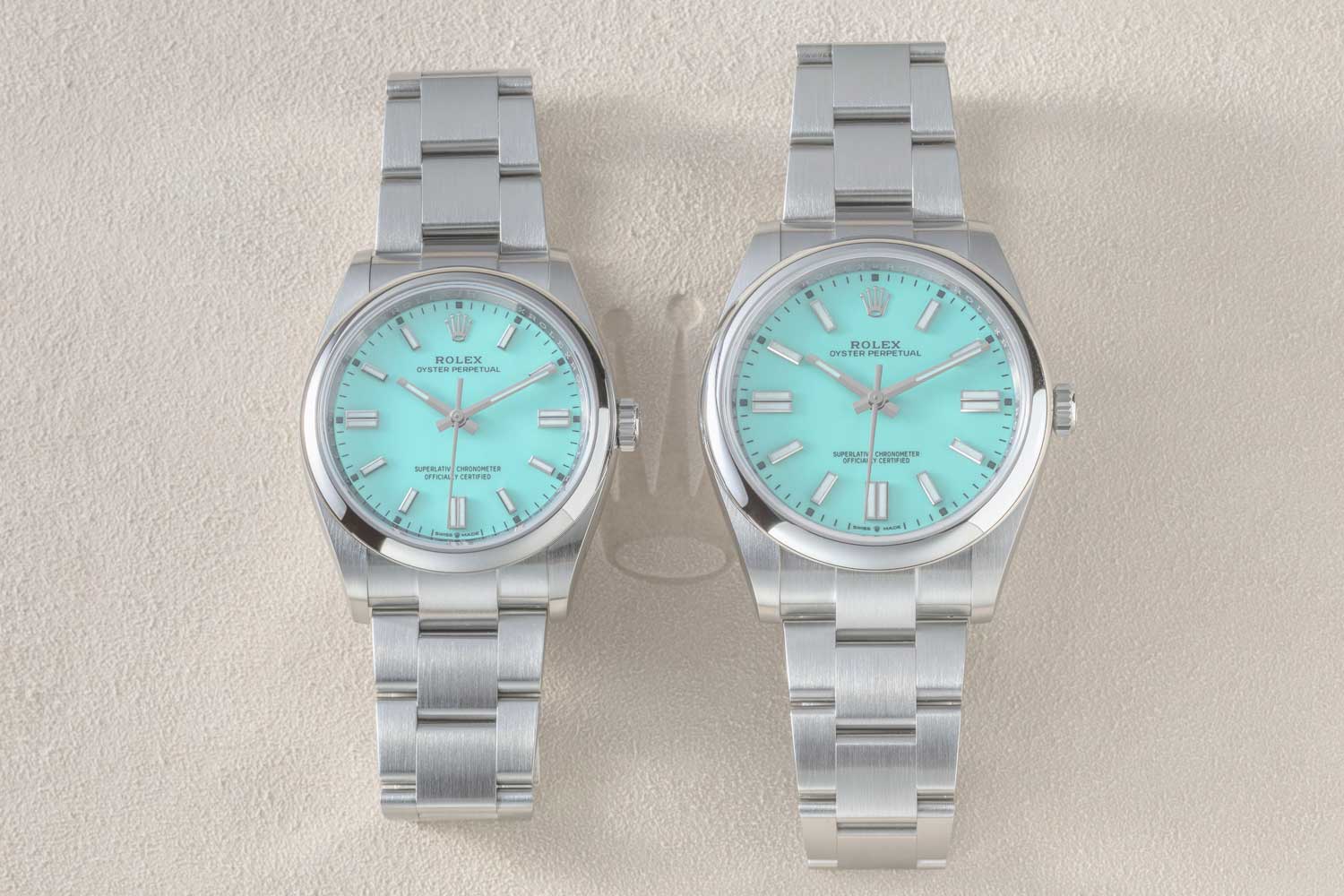 The 36mm and 41mm sizes of the 2020 Rolex Oyster Perpetual side-by-side, seen here with the much spoken of turquoise dial (Image: Revolution©)