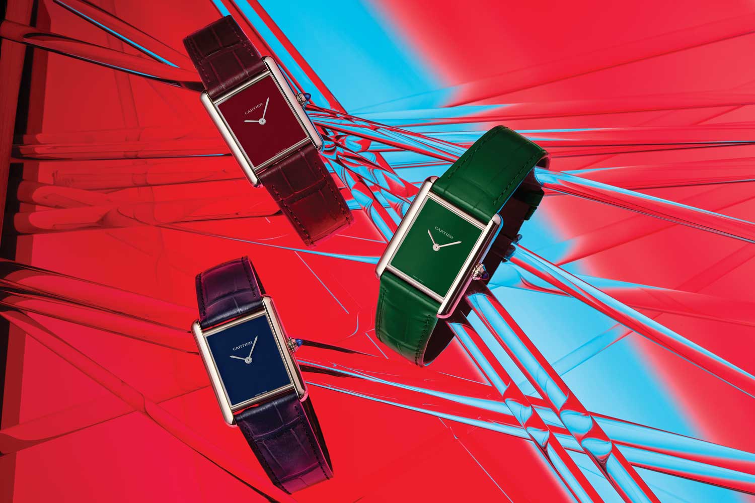 Cartier Tank Must 2021 collection in red, green and blue colorways