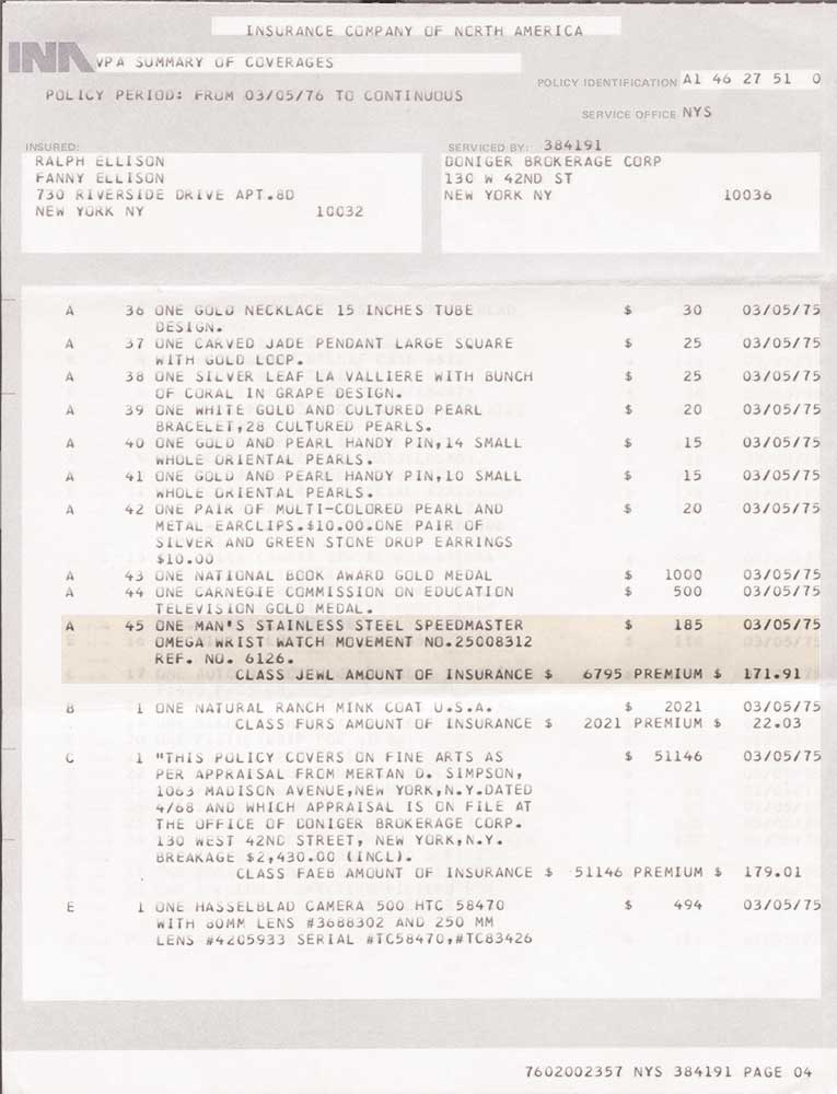 Uncovered within the Ralph Ellison Archives kept at the Library of Congress, copies of Ralph Ellison and his wife’s insurance statements where the exact serial number of his Speedmaster 145.012 had been consistently recorded (Image: Phillips.com)