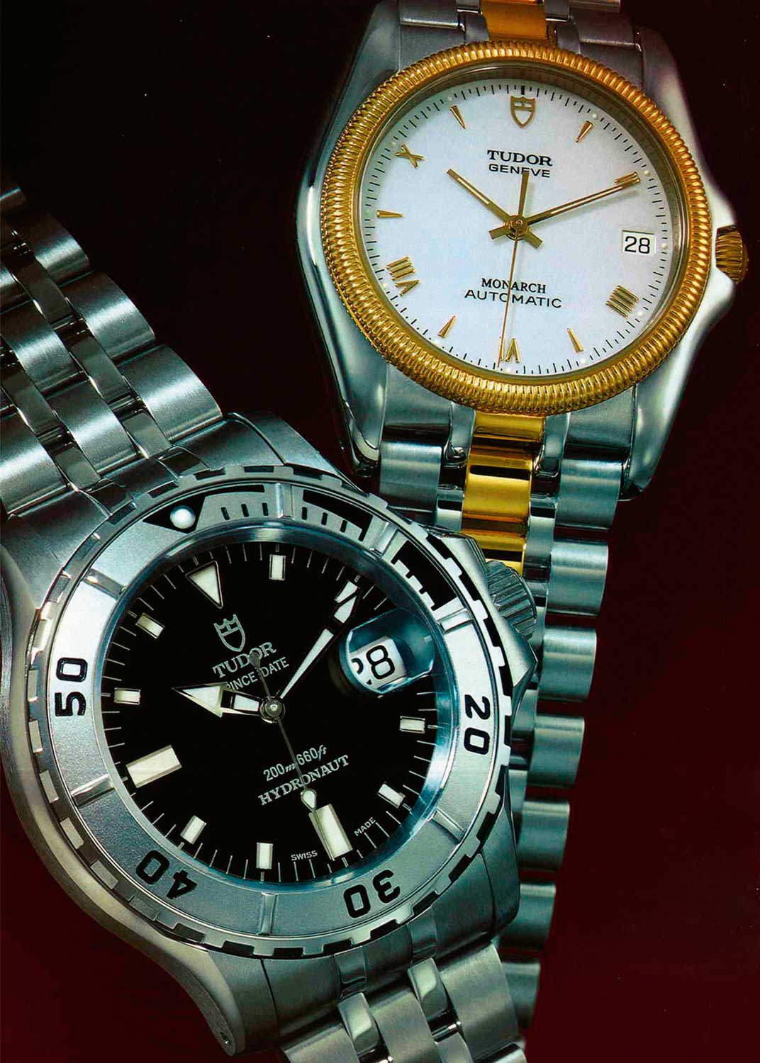 Tudor’s sport reference 89190 replaced the full-sized Submariner reference 79190 in 1998. The new watch was initially catalogued as the Prince Date Diver (left) and released alongside a dress watch called the Monarch Automatic (top)