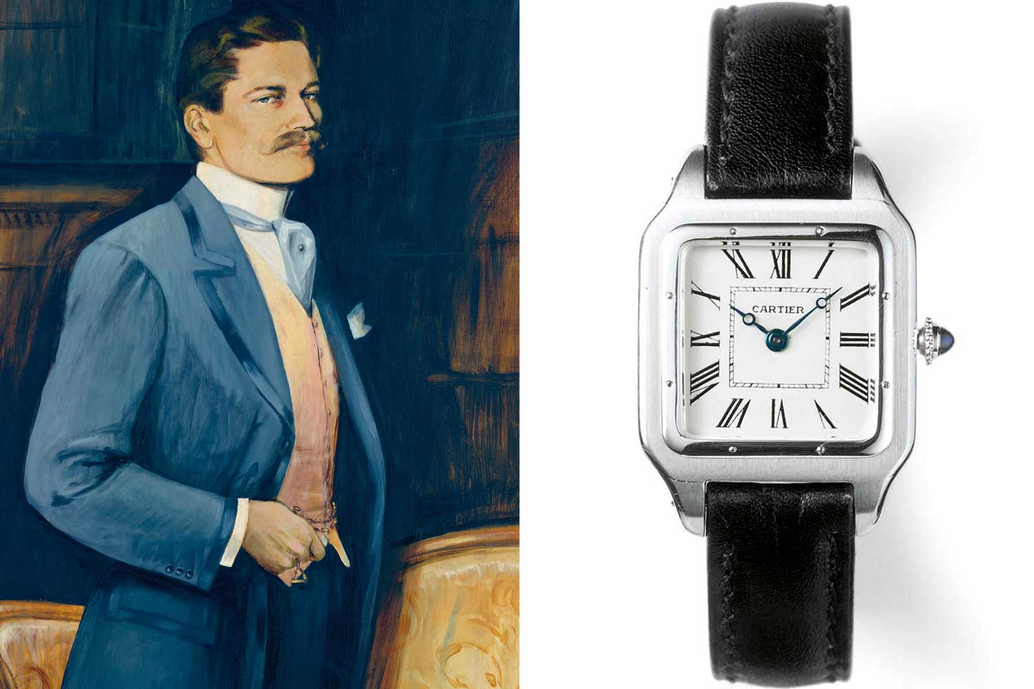 Above from left: The visionary behind the brand, Louis Cartier; A 1916 Santos-Dumont wristwatch, already exhibiting a strong geometry that would only become more pronounced with the Tank