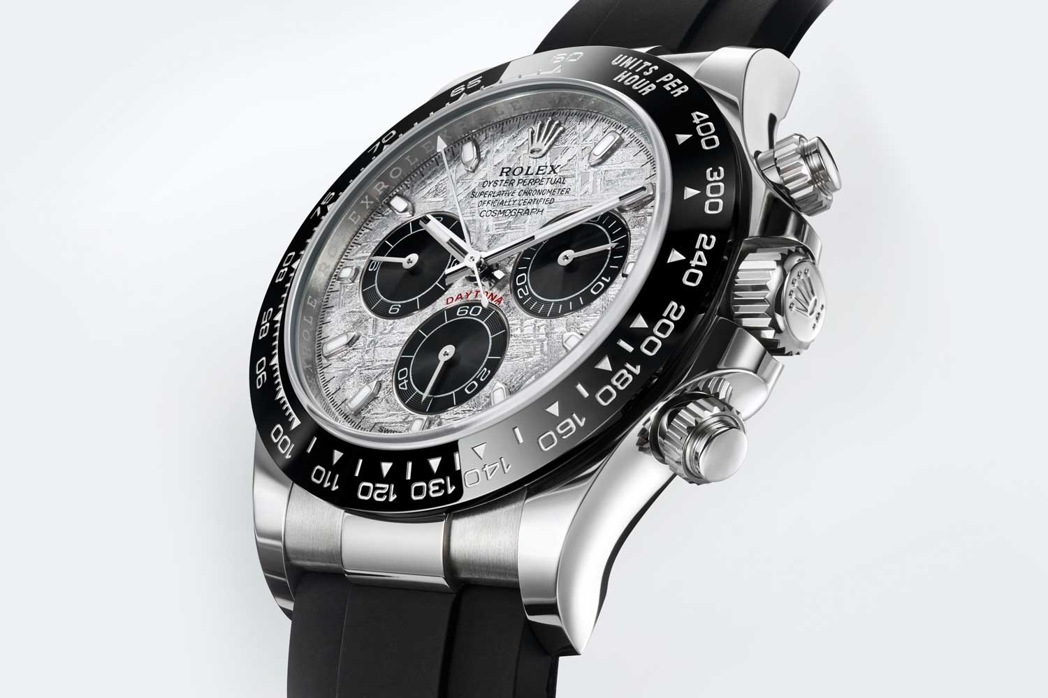 The timeless Oyster Perpetual Cosmograph Daytona in 18 ct white gold with a meteorite dial and an Oysterflex bracelet
