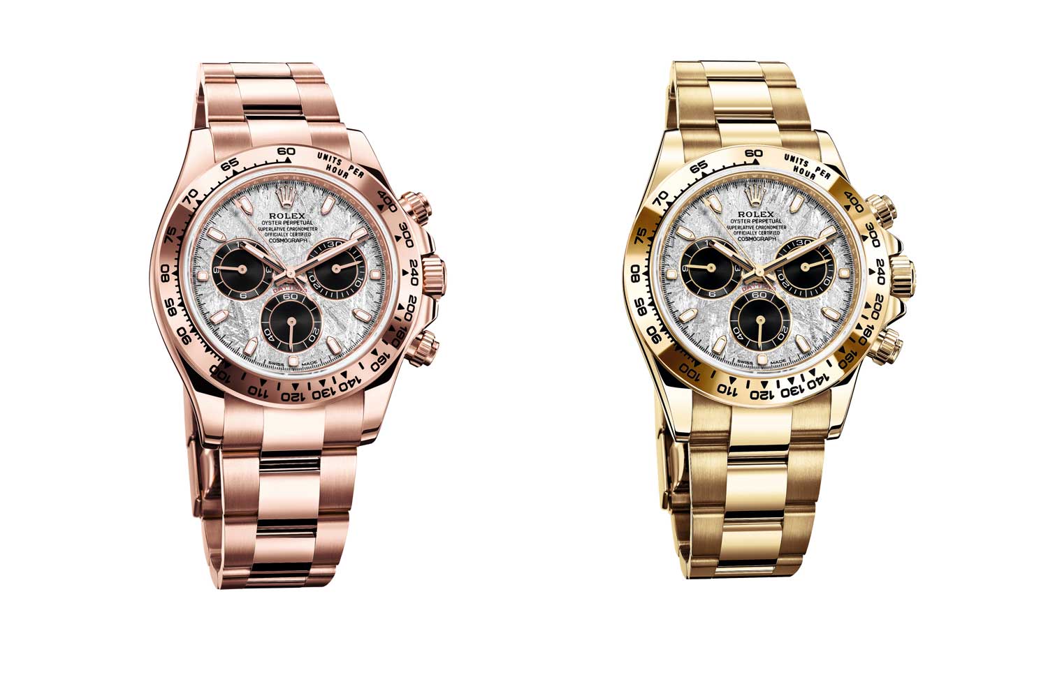All that glitters is gold: Oyster Perpetual Cosmograph Daytona in 18 ct Everose and yellow gold, both with meteorite dials