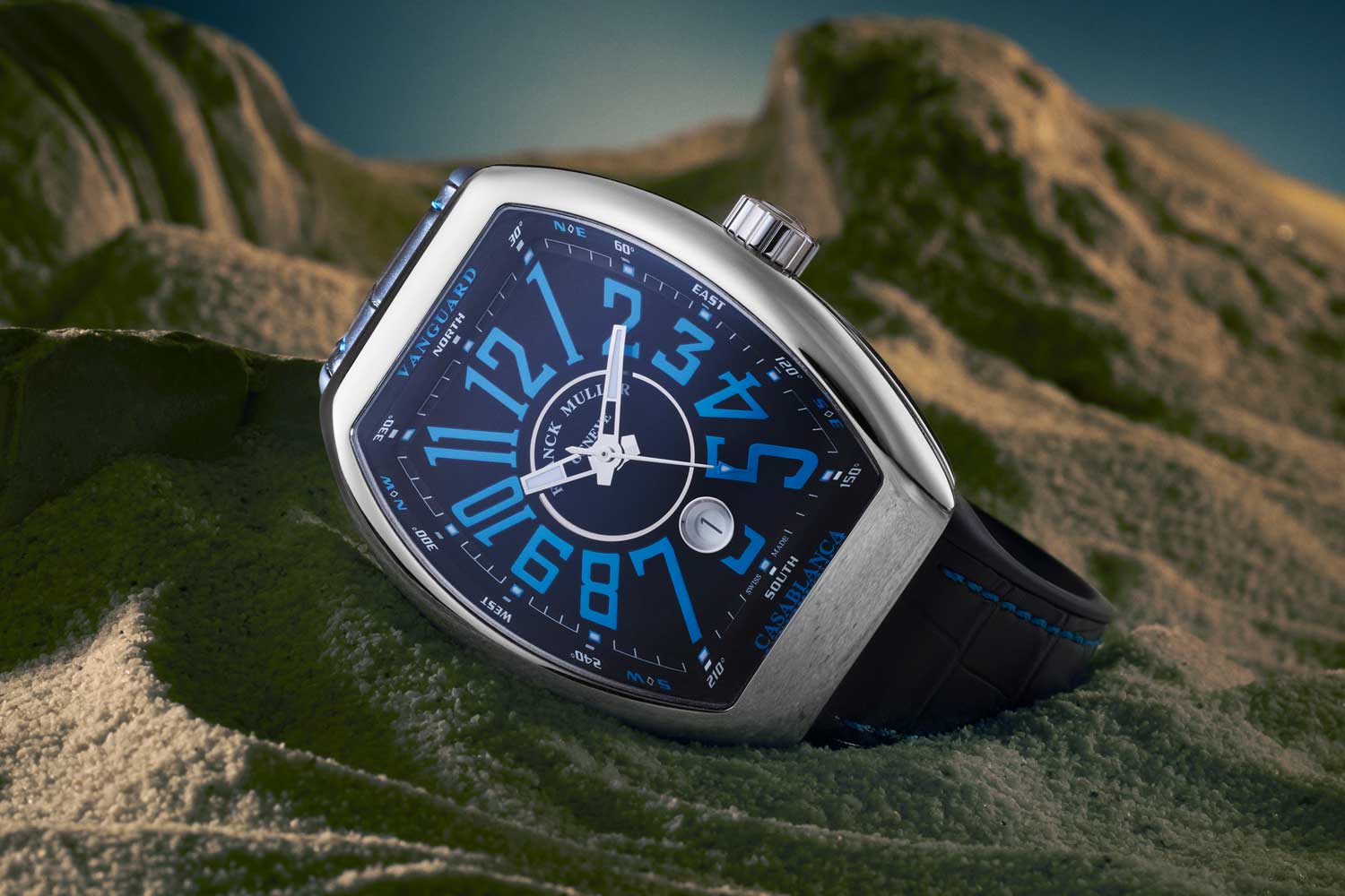 Franck Muller Vanguard Casablanca sporting a black dial with blue accents