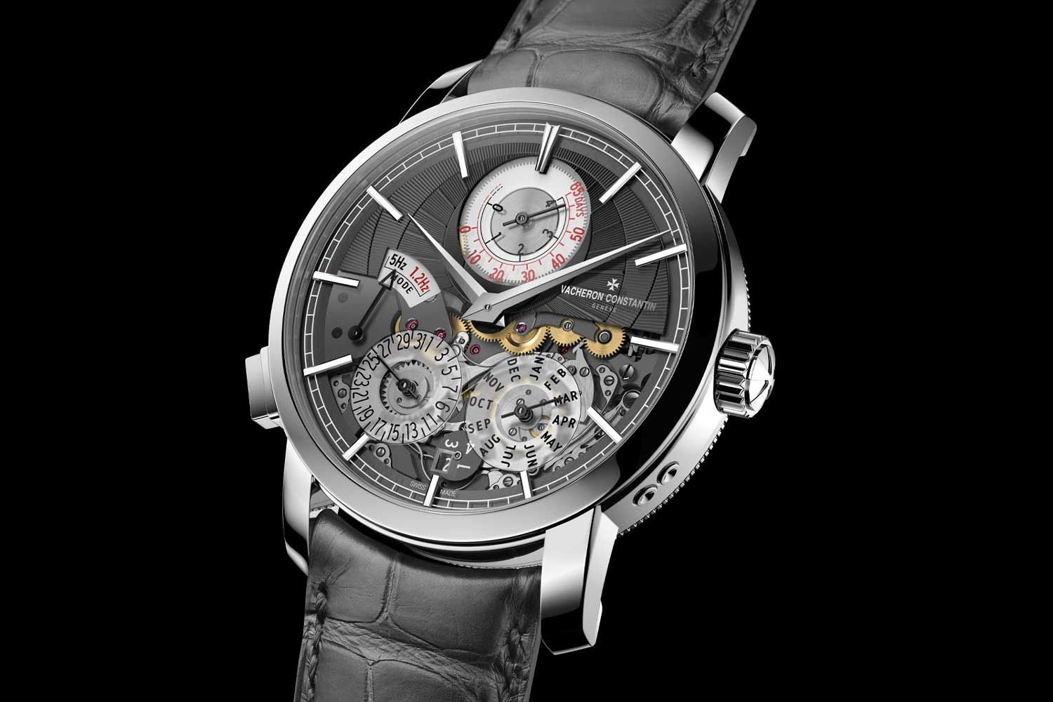 The Vacheron Constantin Traditionnelle Twin Beat Perpetual Calendar with dual wheel trains and oscillators, each dedicated to a different mode, accomplishing a 65-day power reserve on standby