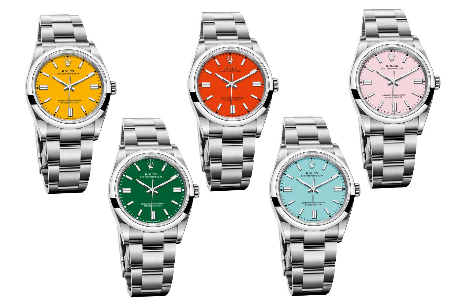 The Oyster Perpetual collection with vibrant opaque lacquer dials in yellow, coral red, pink, turquoise blue and green