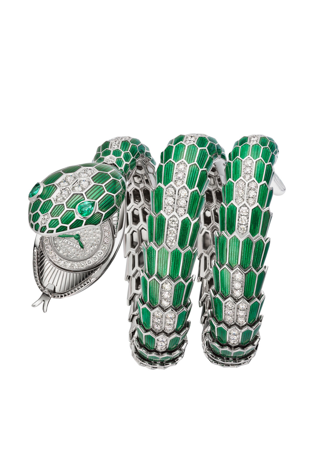 Serpenti Misteriosi High Jewellery Secret Watch in white gold case, green-lacquered and set with brilliant-cut diamonds, 2 pear-cut emeralds for the eyes (~0.4 ct), diamond-paved dial; green-lacquered white gold double-tour bracelet set with brilliant-cut diamonds. Total 369 diamonds (~8.35 cts)