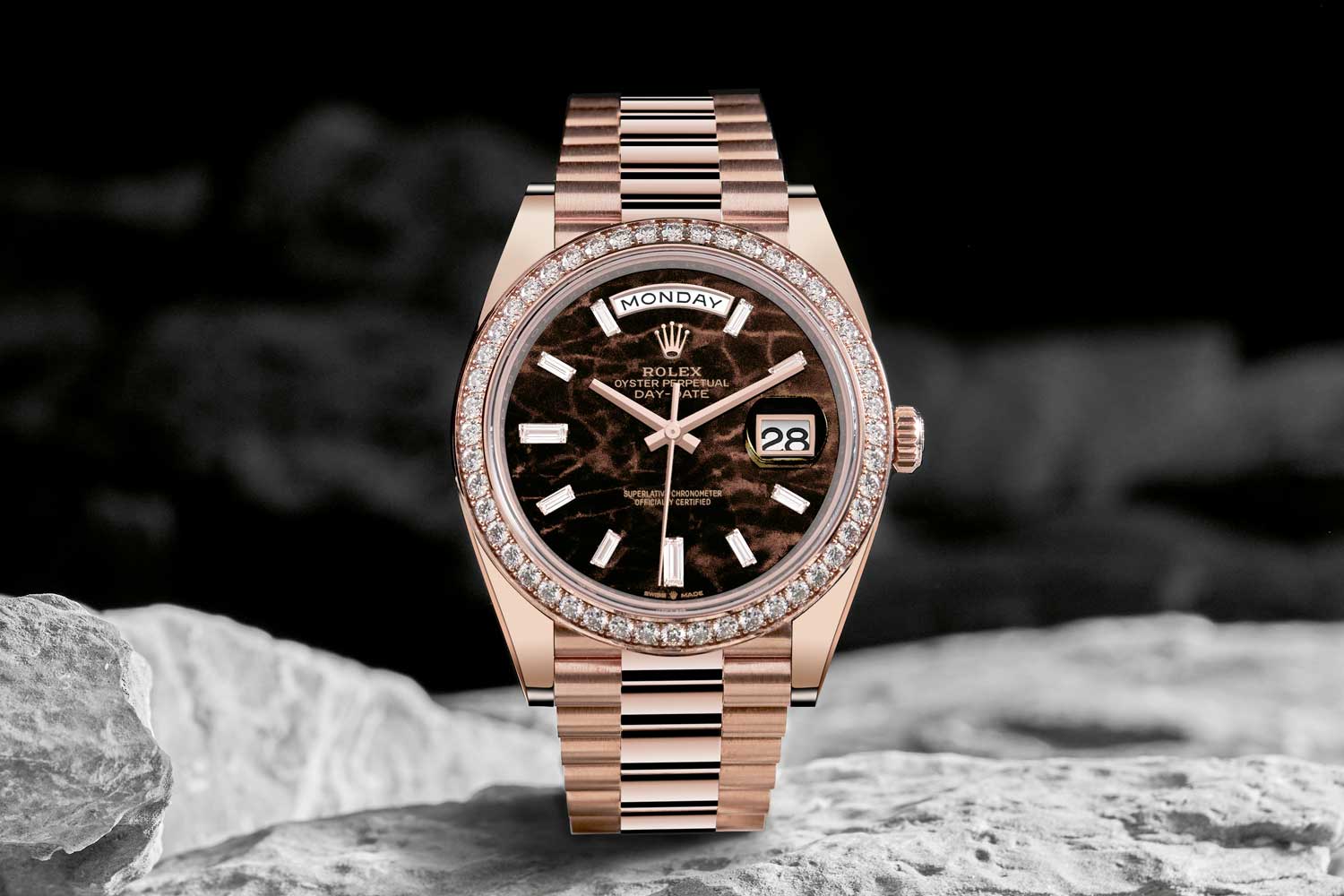 The eisenkiesel is the latest stone dial to be released by Rolex, seen here in the Oyster Perpetual Day-Date 40 in 18 ct Everose gold with brilliant-cut diamond bezel