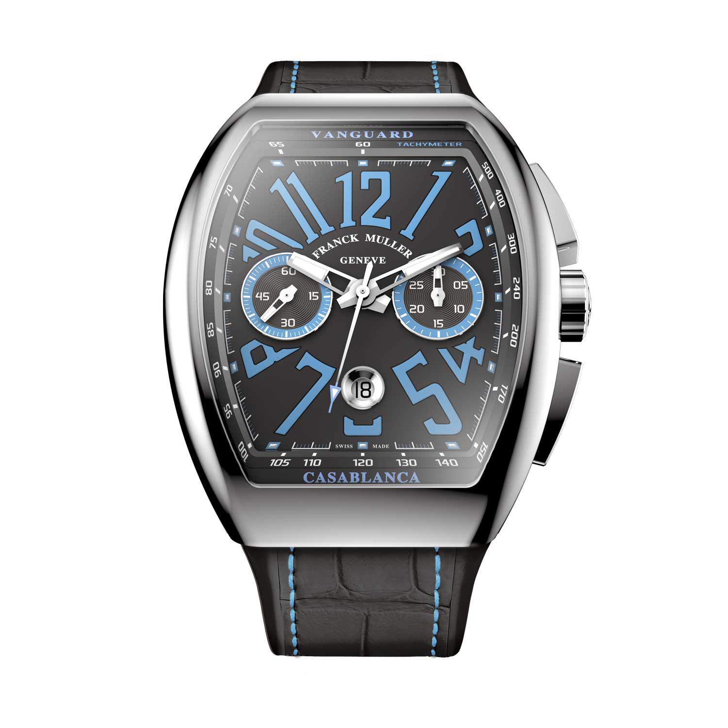 Franck Muller Vanguard Casablanca Chronograph sporting a black dial with blue accents