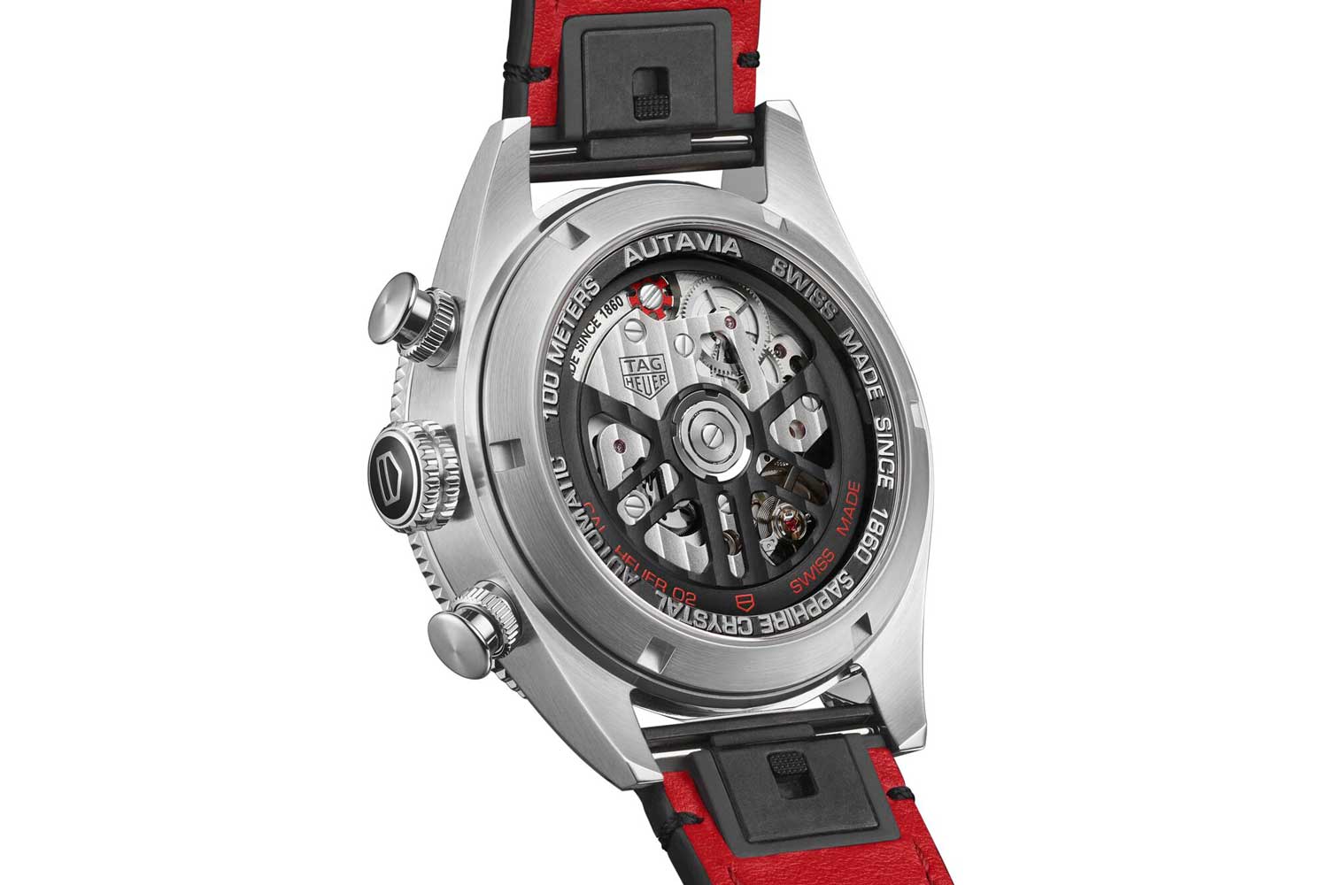 Sapphire caseback of the Autavia 60th Anniversary Flyback Chronograph reveals the Calibre Heuer 02 COSC Flyback movement, with column wheel marked in red