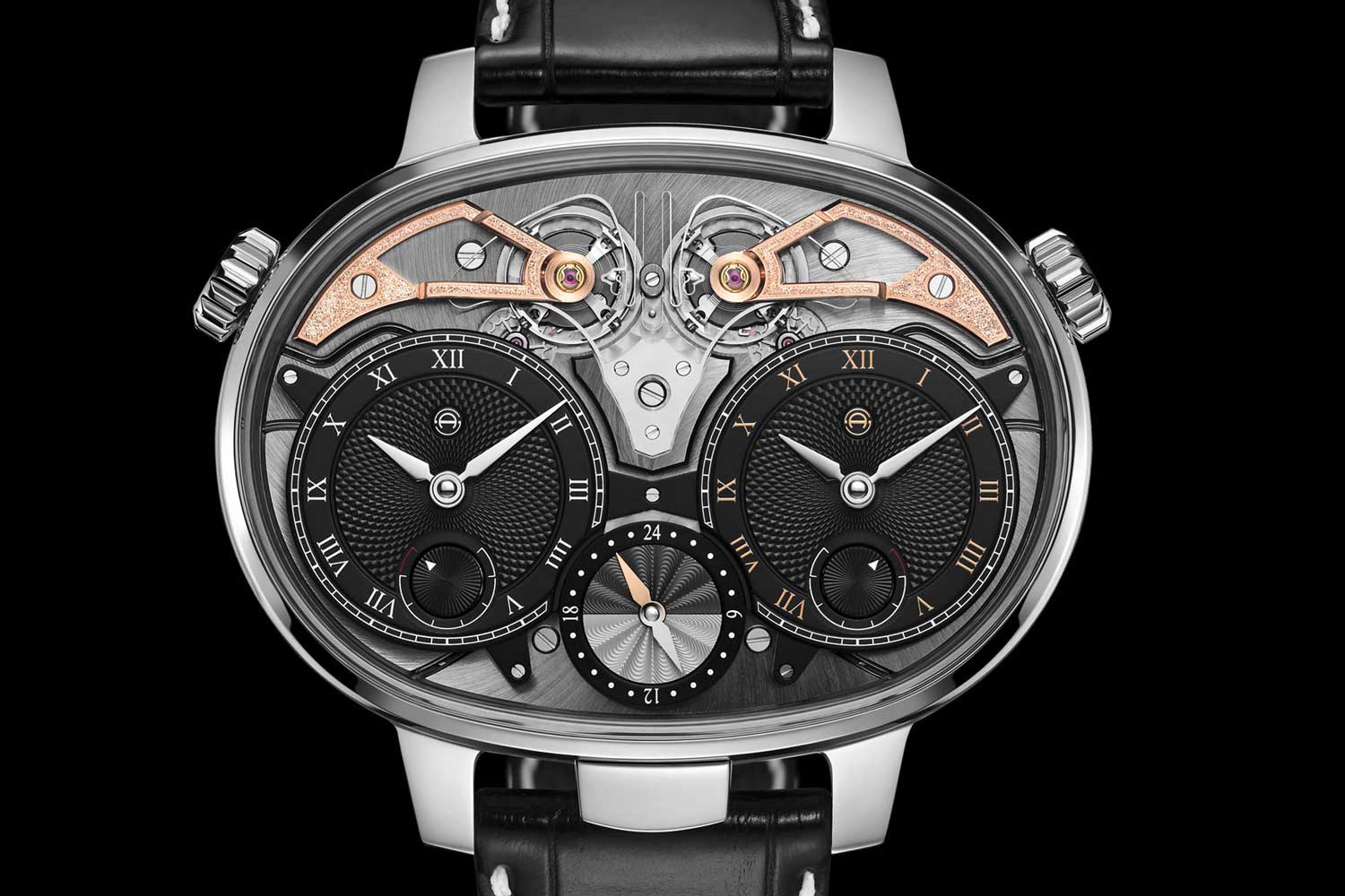 The Armin Strom Masterpiece 1 Dual Time Resonance GMT in which each geartrain drives a different timezone display