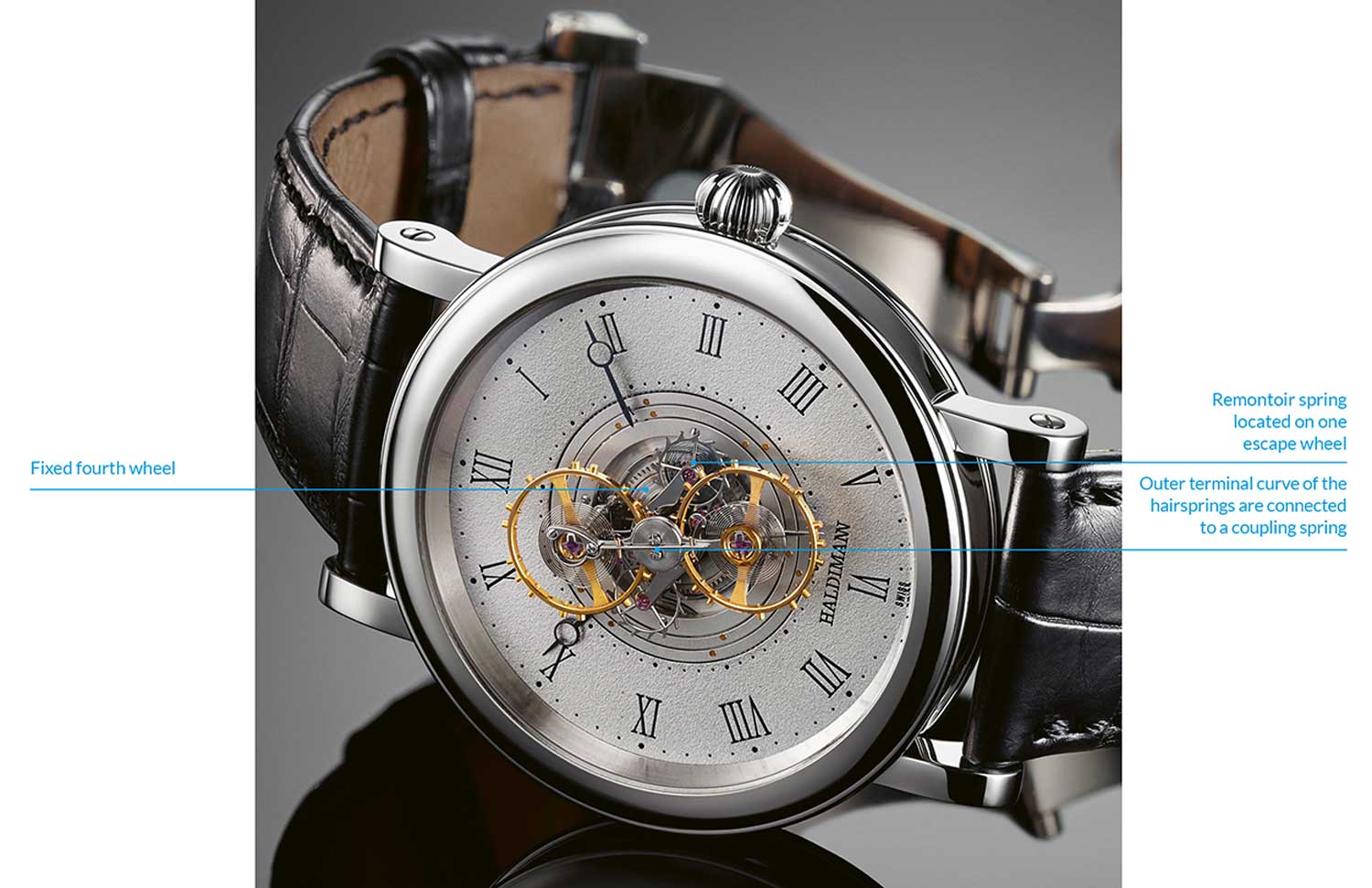 The ultra exotic Haldimann H2 Flying Resonance equipped with a double-balance flying tourbillon, which by definition relies on a single gear train