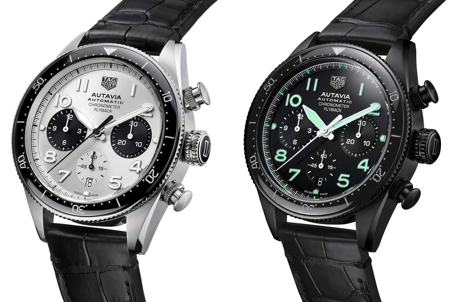 Autavia 60th Anniversary Flyback Chronograph is available in two versions, with panda-dial, or black DLC case