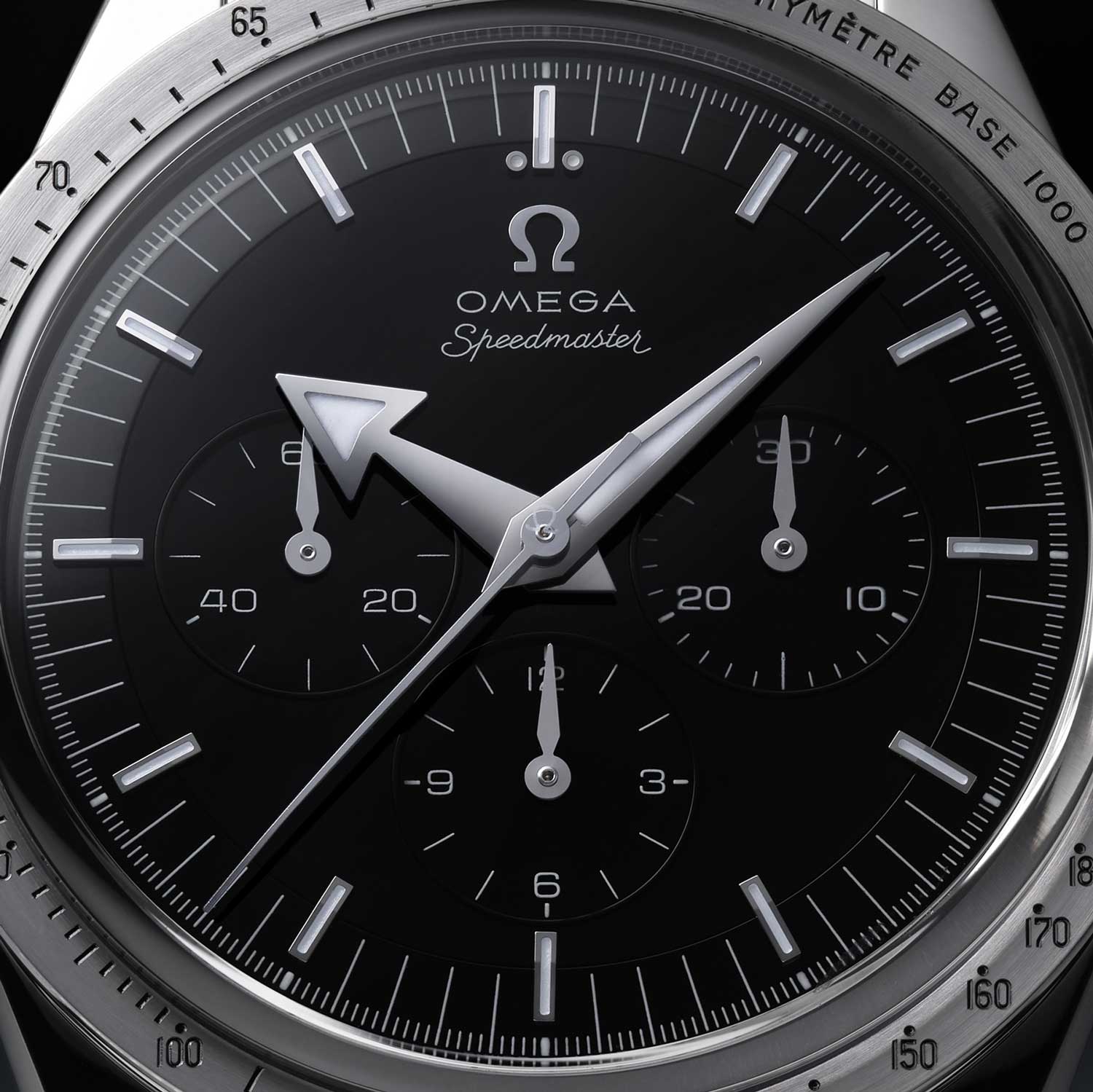 The deep black onyx stepped dial of the Speedmaster 321 Canopus Gold