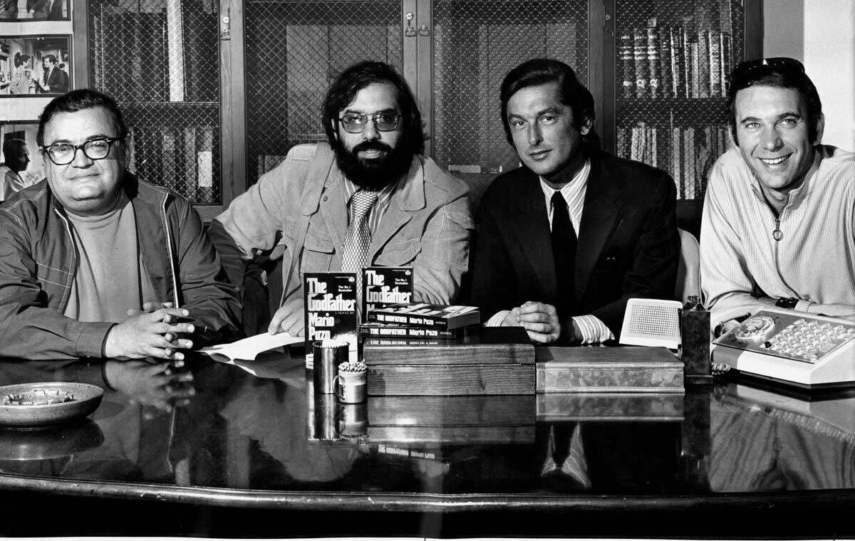 (L-R) Screenwriter Mario Puzo, director Francis Ford Coppola, Paramount’s head of production Robert Evans and producer Albert S. Ruddy at the announcement event held to announce the filming of The Godfather