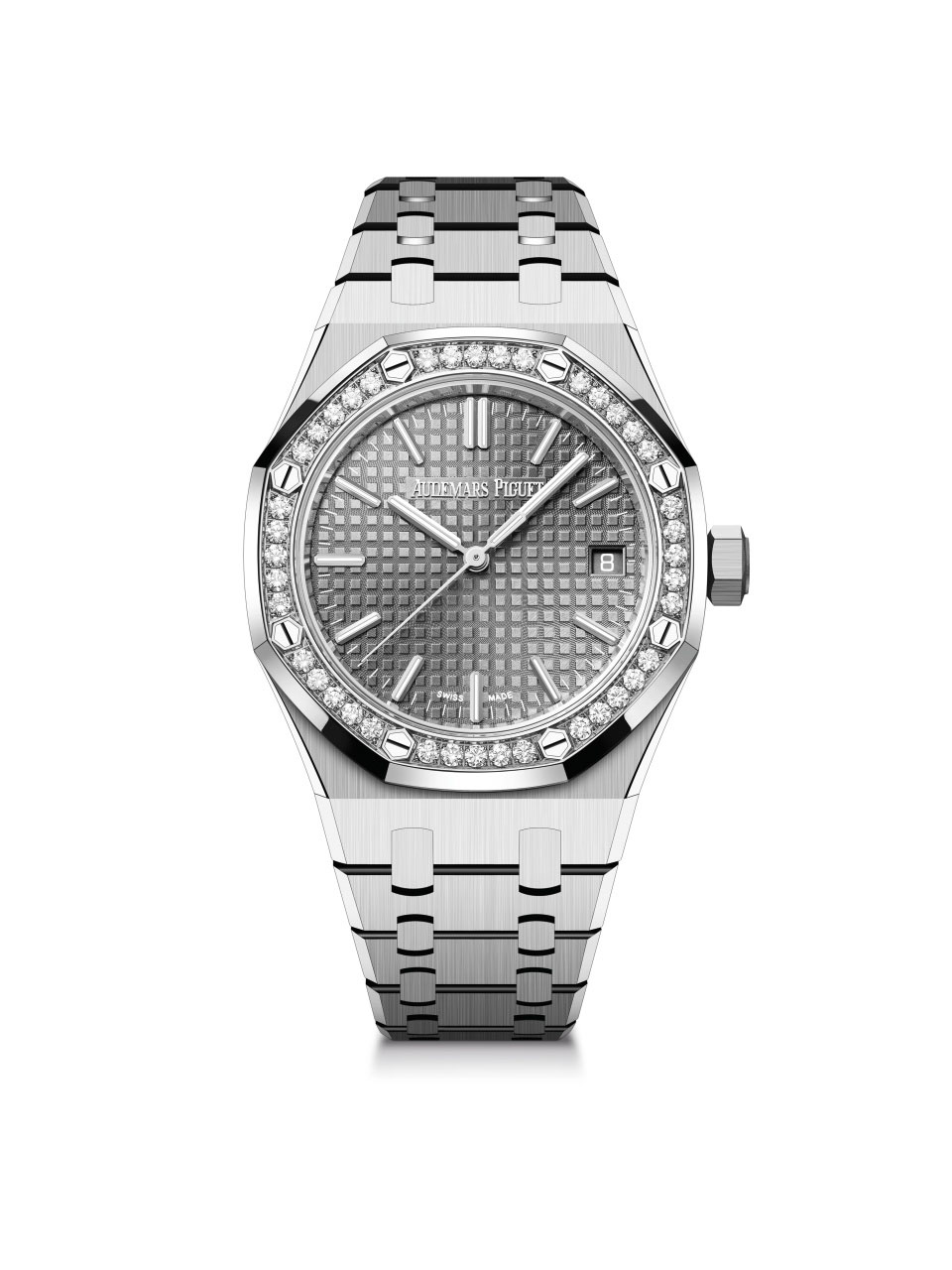 Royal Oak Selfwinding / 37mm; stainless steel case, bezel set with 40 brilliant-cut diamonds (~0.92 carats) with grey dial (15551ST.ZZ.1356ST.03)