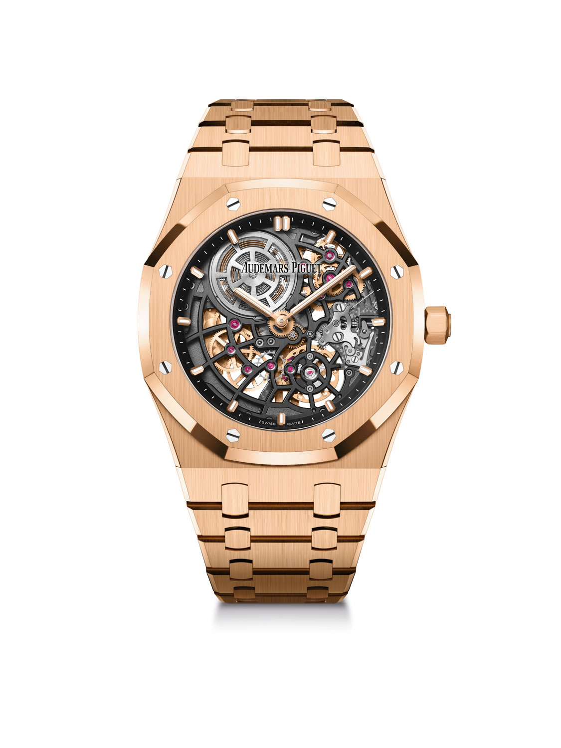 Royal Oak “Jumbo” Extra-Thin Openworked / 39mm; Ref. 16204OR.OO.1240OR.01 in 18-carat pink gold with slate grey openworked movement, pink gold applied hour-markers and Royal Oak hands with luminescent coating, black inner bezel