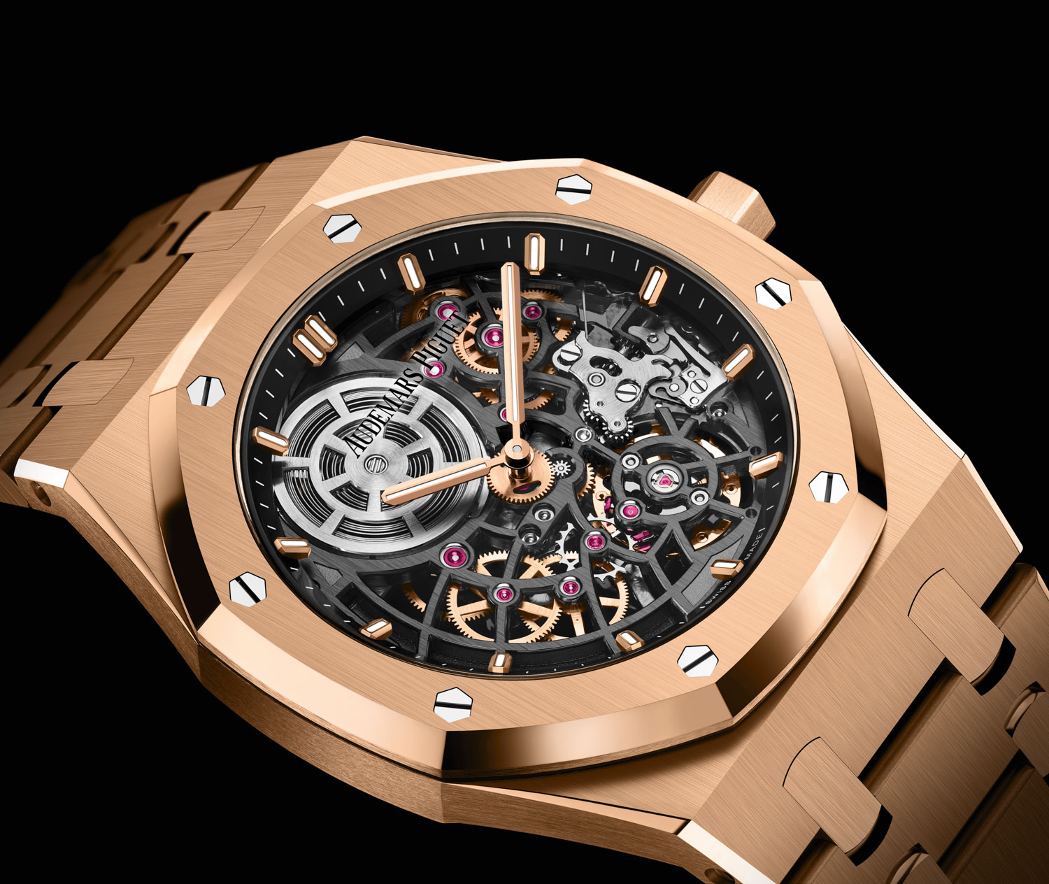 Royal Oak “Jumbo” Extra-Thin Openworked / 39mm; Ref. 16204OR.OO.1240OR.01 in 18-carat pink gold with slate grey openworked movement, pink gold applied hour-markers and Royal Oak hands with luminescent coating, black inner bezel