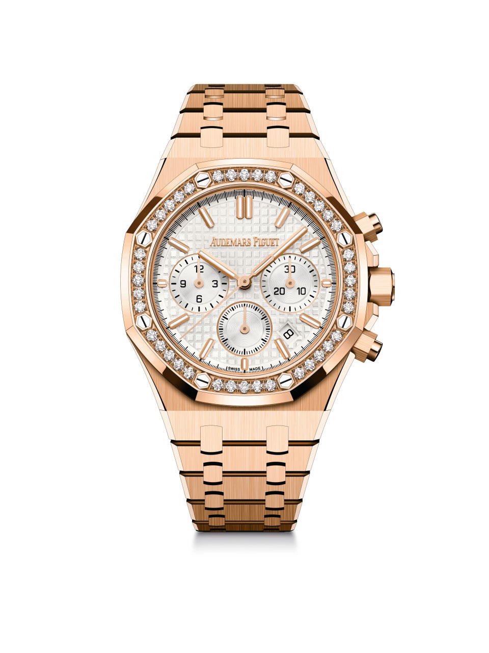Royal Oak Selfwinding Chronograph / 38mm; 18-carat pink gold case, bezel set with 40 brilliant-cut diamonds (~0.92 carats) with silver-toned dial (26715OR.ZZ.1356OR.01)