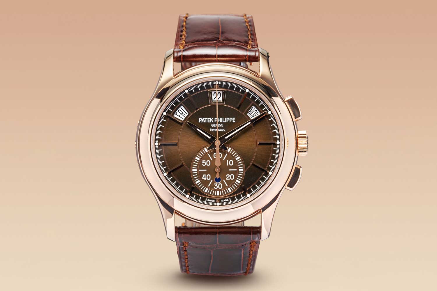 Lot 8: Patek Philippe Annual Calendar Chronograph with Tiffany dial, reference 5905R-001 (Image: Ineichen)