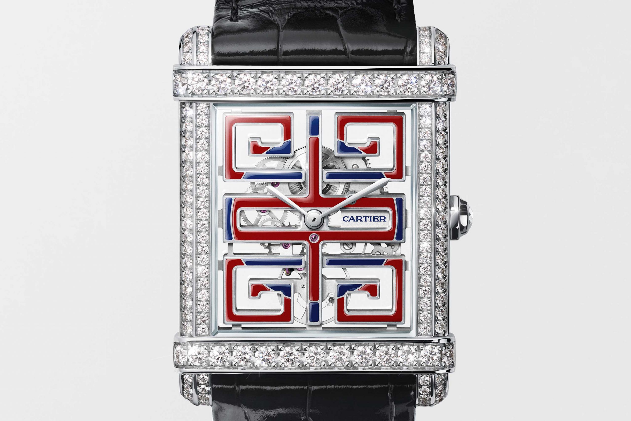 Cartier Privé Tank Chinoise with an open-worked dial in diamond-set platinum