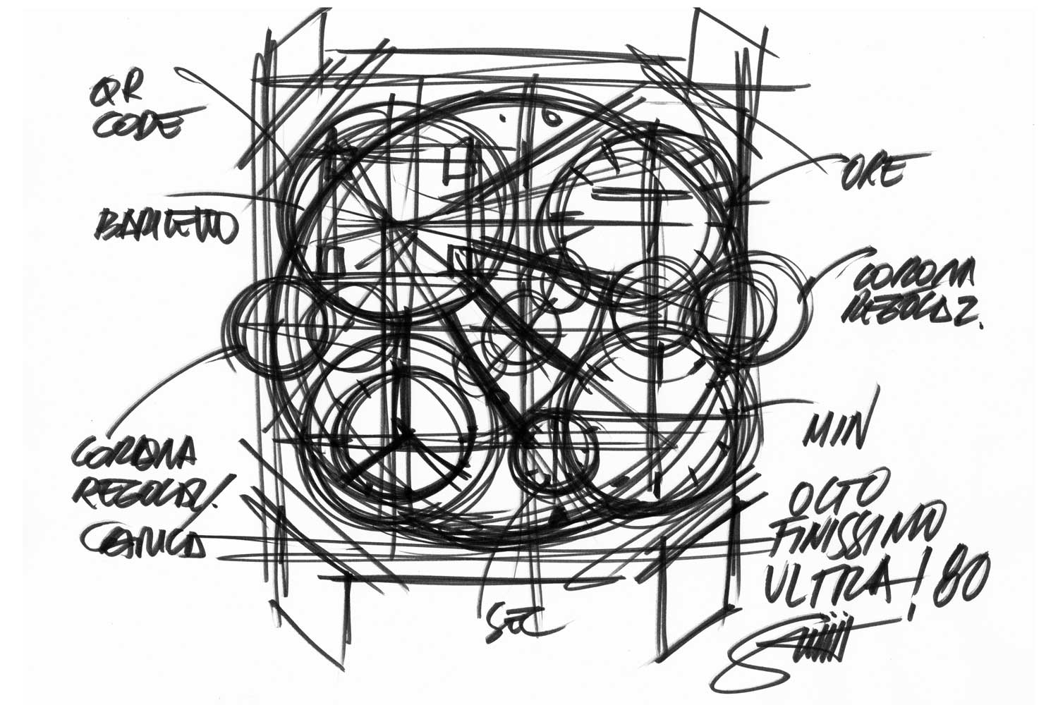 A design sketch of the dial layout where the barrel is the focal point