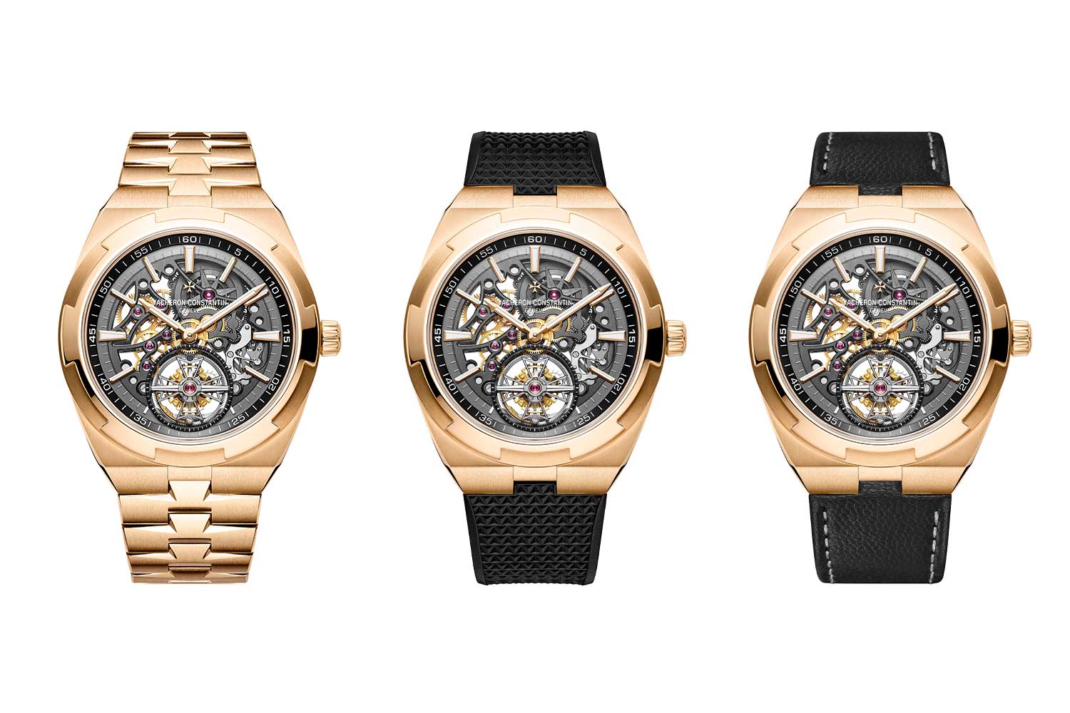 Vacheron Constantin Overseas Tourbillon Skeleton in 18K 5N pink gold comes with two additional interchangeable straps